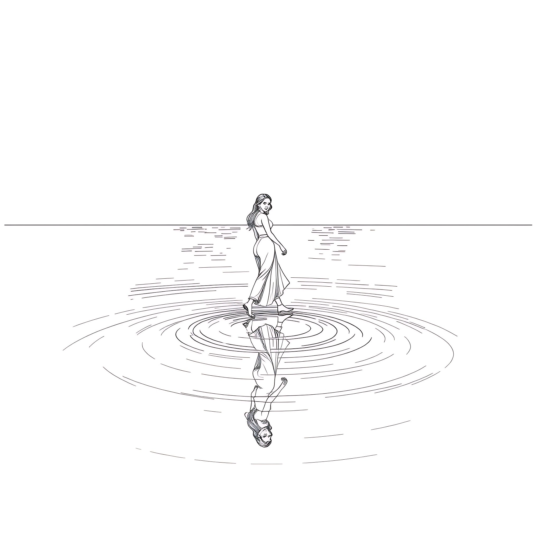 Woman gracefully wading through tranquil waters Coloring Page (free black-and-white line drawing printable PDF for all, from beginners to advanced learners, including children, teens, adults, and seniors)
