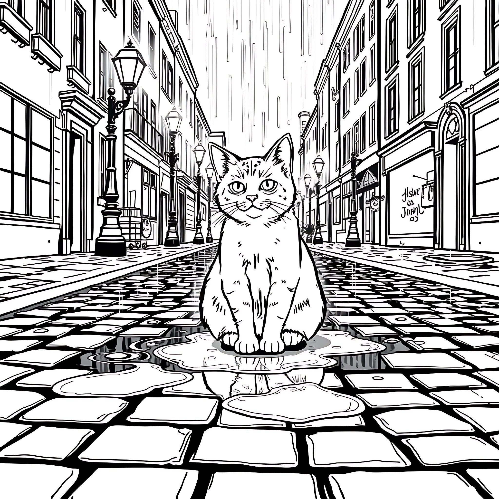 Cat sitting on a cobblestone street in a city Coloring Page (free black-and-white line drawing printable PDF for all, from beginners to advanced learners, including children, teens, adults, and seniors)