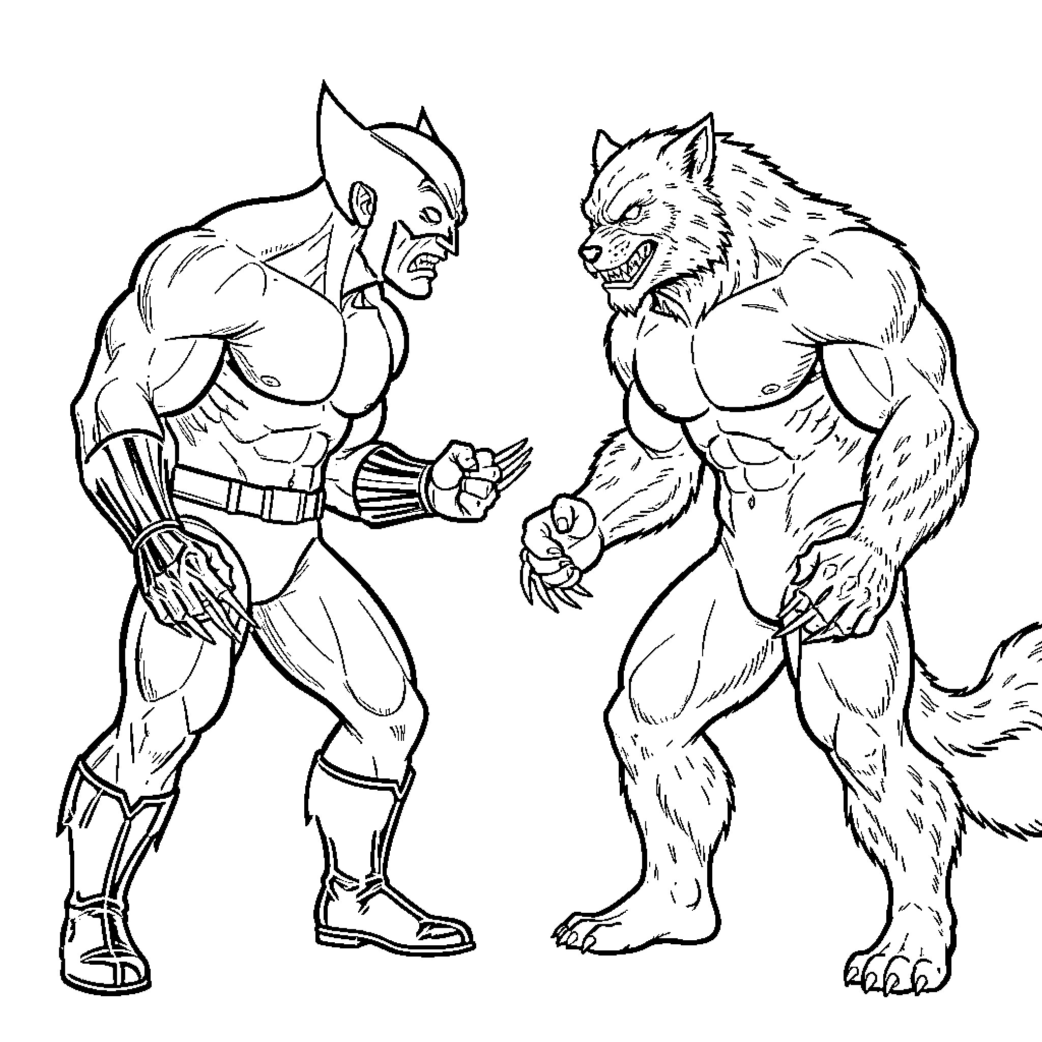 Wolverine clashing with a fierce wolf creature Coloring Page (free black-and-white line drawing printable PDF for all, from beginners to advanced learners, including children, teens, adults, and seniors)