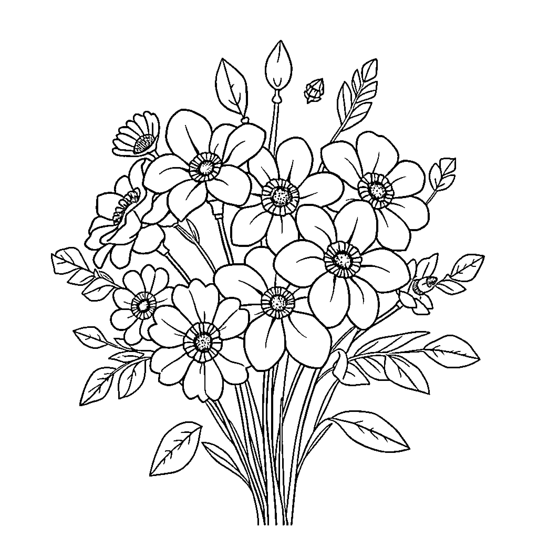 Flower bouquet of delicate blooms Coloring Page (free black-and-white line drawing printable PDF for all, from beginners to advanced learners, including children, teens, adults, and seniors)