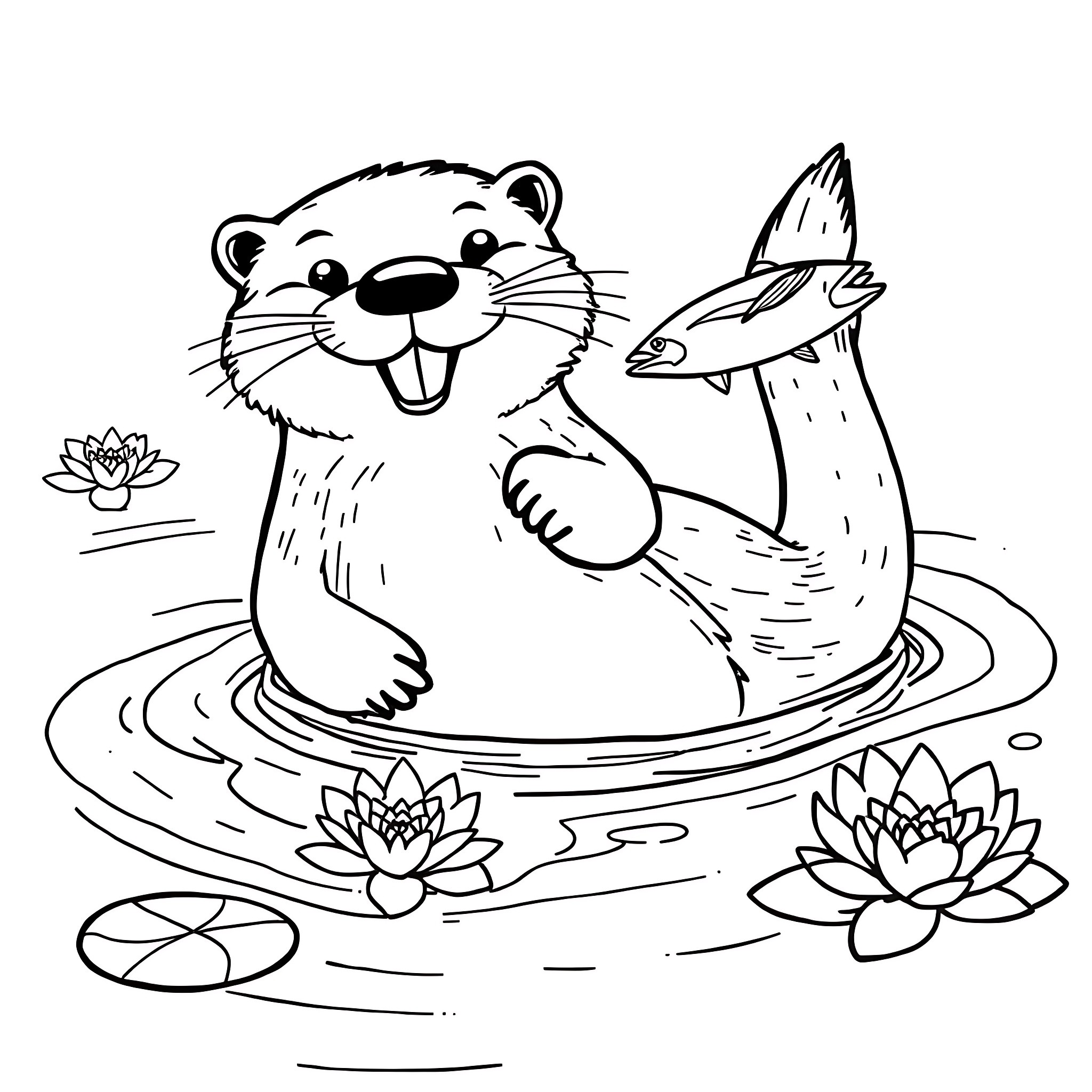 Otter playing happily with fish in the pond Coloring Page (free black-and-white line drawing printable PDF for all, from beginners to advanced learners, including children, teens, adults, and seniors)