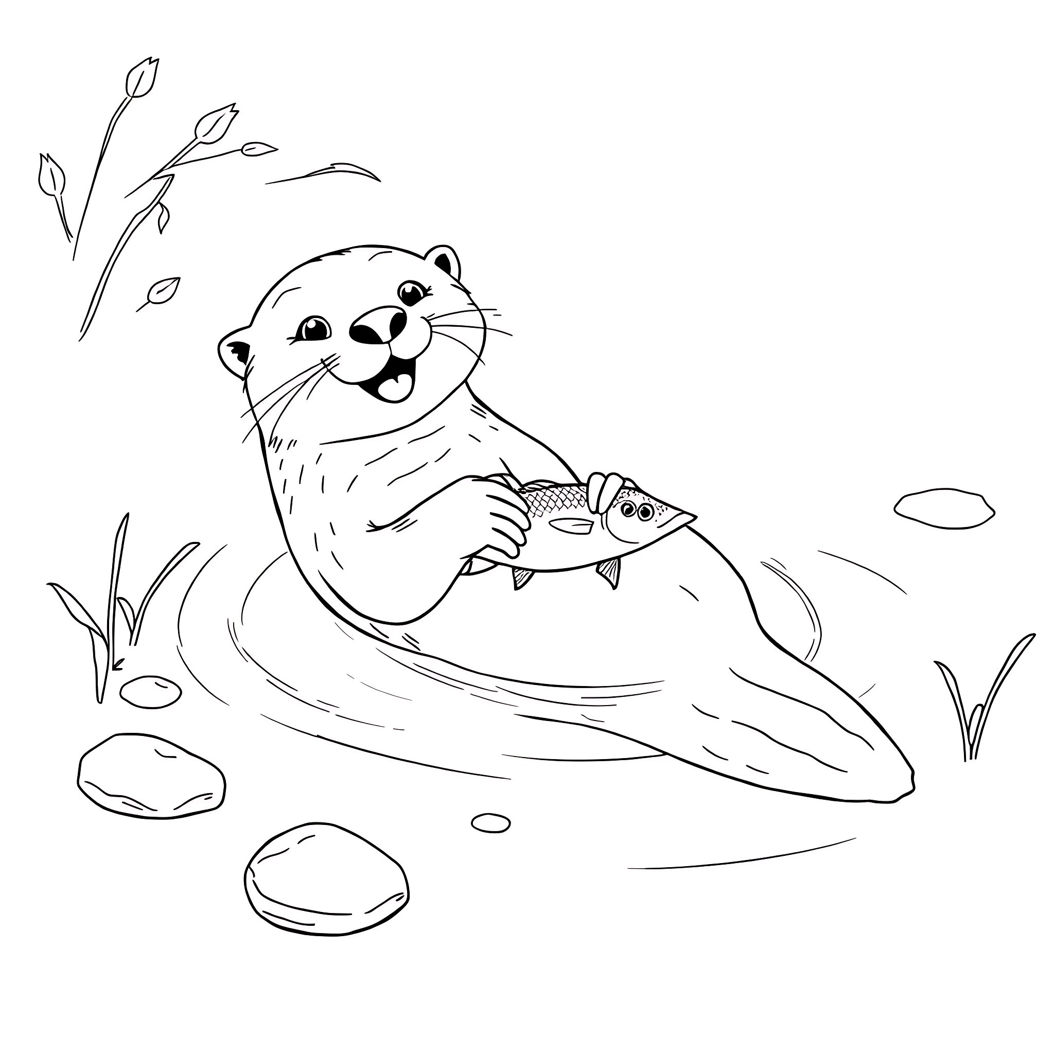 Otter enjoying a delicious fish in the water Coloring Page (free black-and-white line drawing printable PDF for all, from beginners to advanced learners, including children, teens, adults, and seniors)