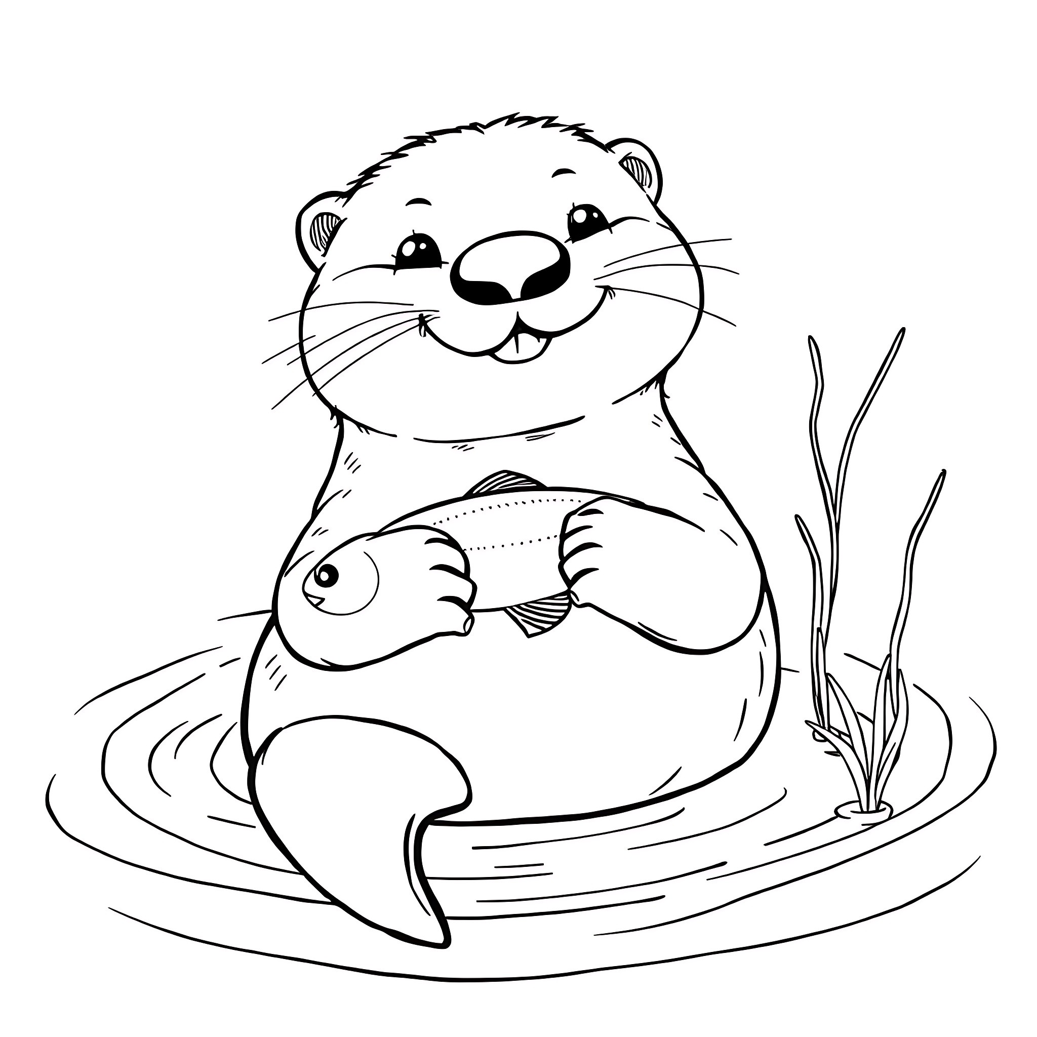 Otter Happily Fishing in the Water Coloring Page (free black-and-white line drawing printable PDF for all, from beginners to advanced learners, including children, teens, adults, and seniors)