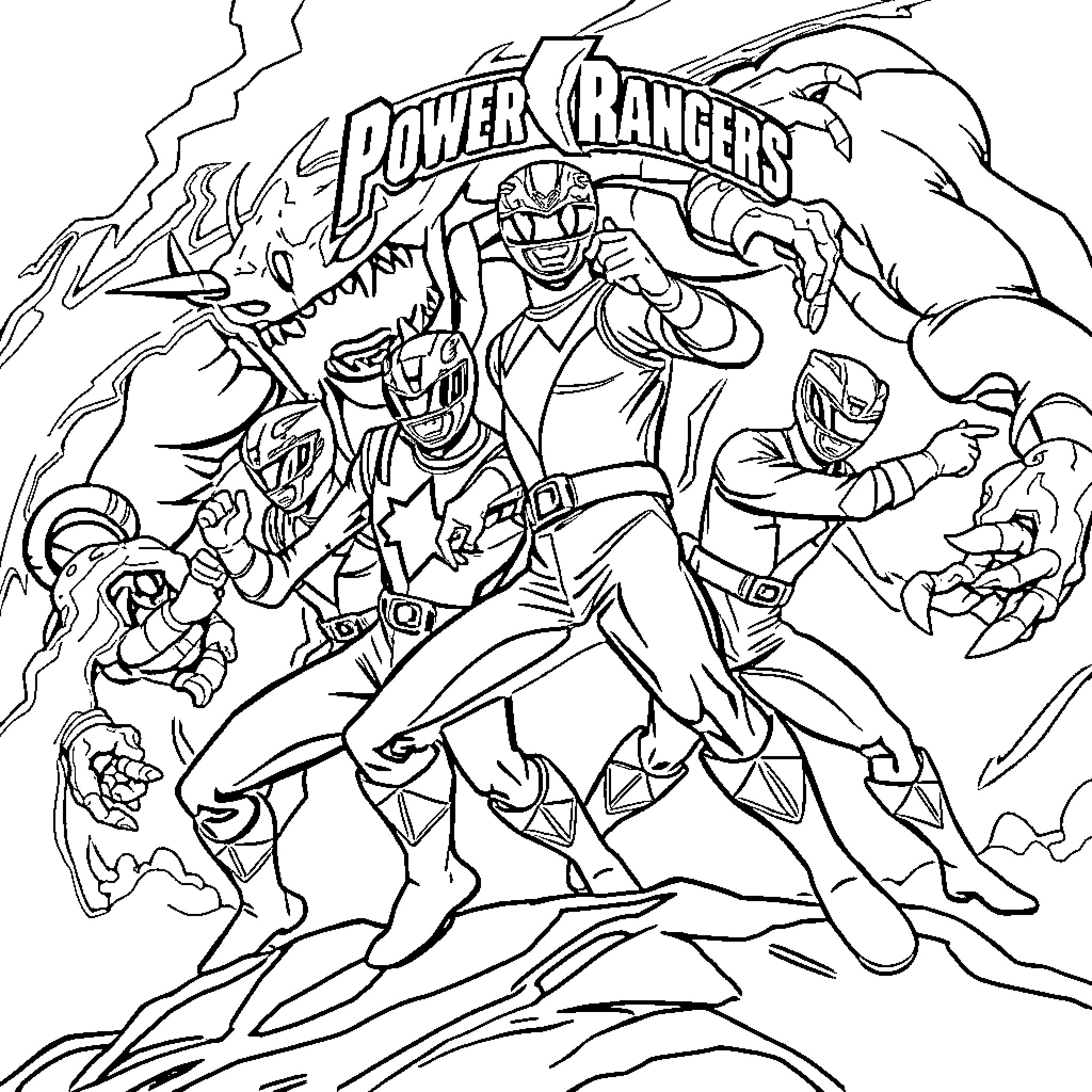Power Rangers in action-packed combat scene Coloring Page (free black-and-white line drawing printable PDF for all, from beginners to advanced learners, including children, teens, adults, and seniors)
