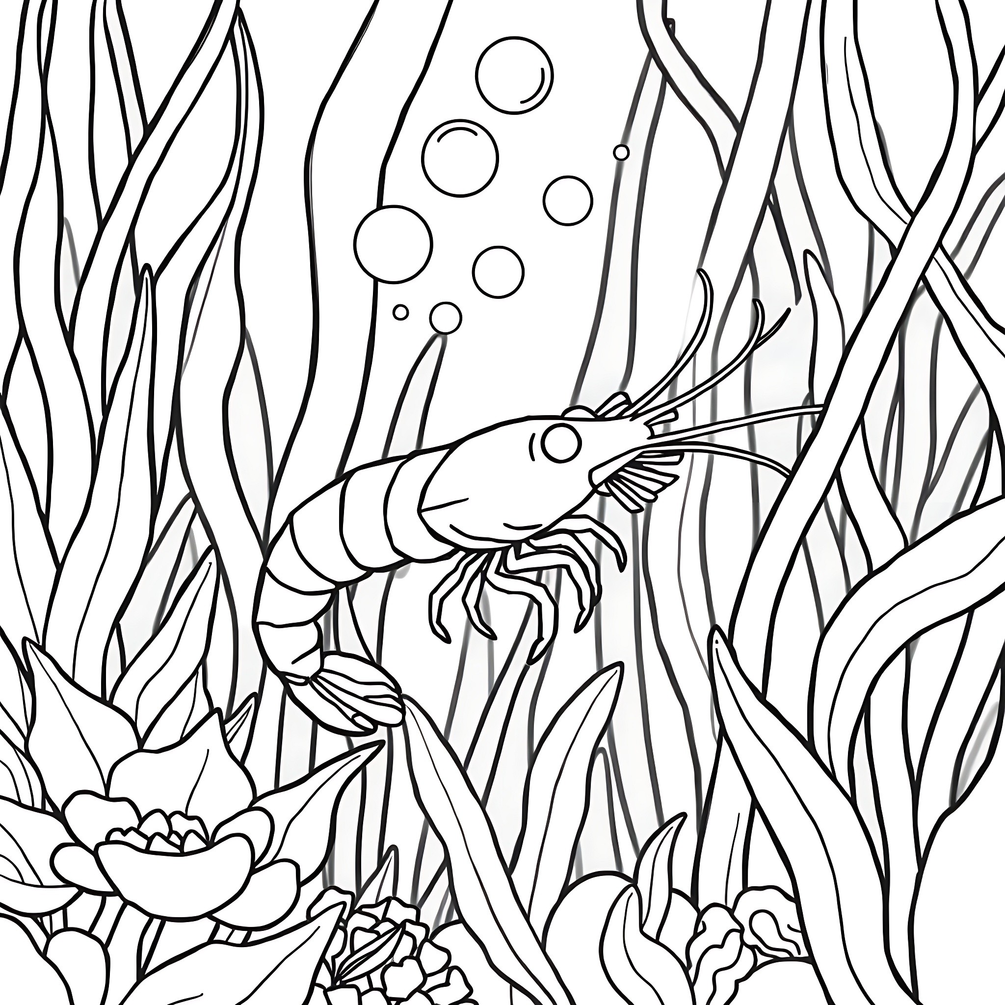 Shrimp swimming among underwater plants and bubbles Coloring Page (free black-and-white line drawing printable PDF for all, from beginners to advanced learners, including children, teens, adults, and seniors)