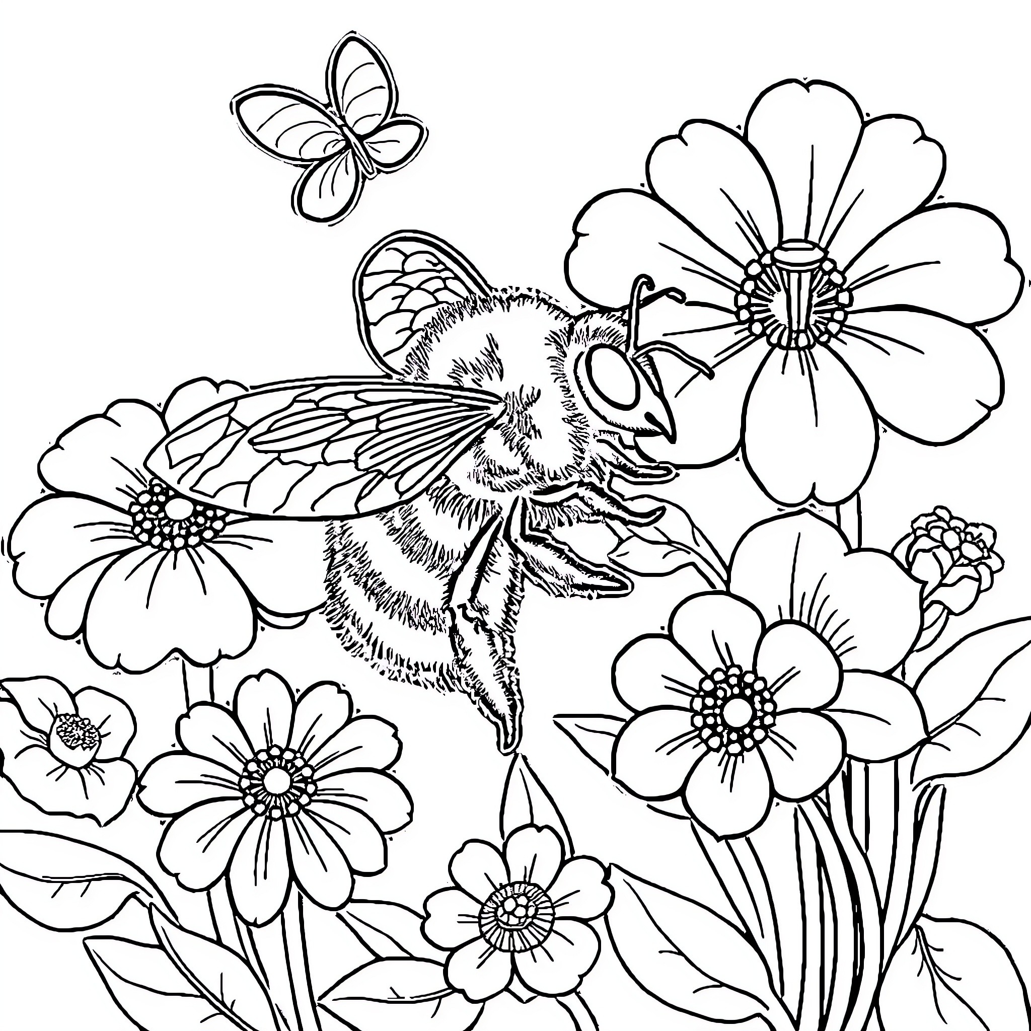 Bee exploring vibrant floral garden Coloring Page (free black-and-white line drawing printable PDF for all, from beginners to advanced learners, including children, teens, adults, and seniors)