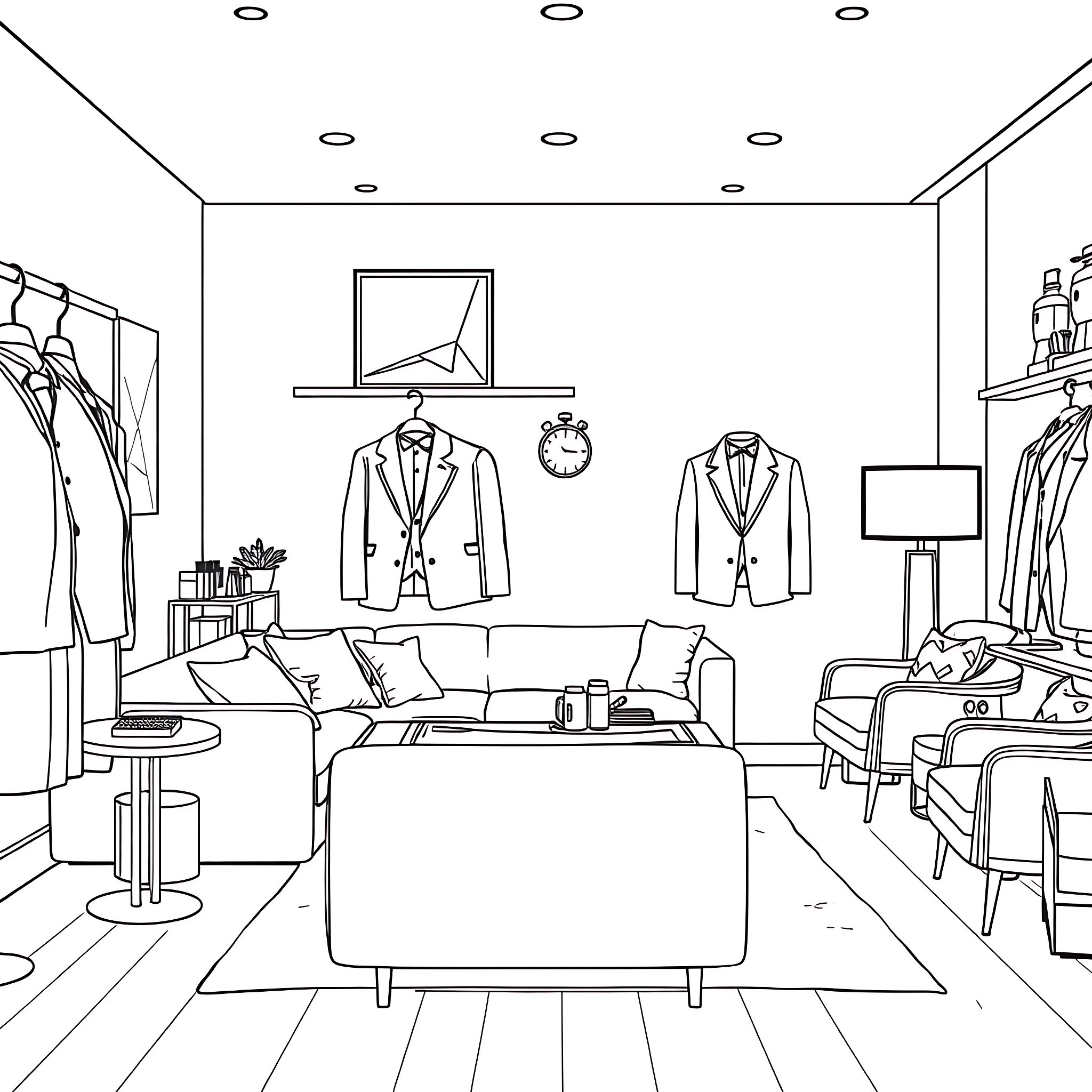 Man browsing suits and coats in a luxury clothing store Coloring Page (free black-and-white line drawing printable PDF for all, from beginners to advanced learners, including children, teens, adults, and seniors)