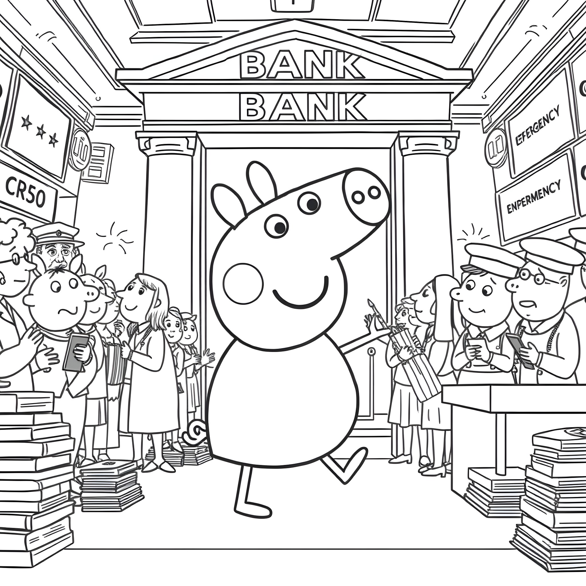 Peppa Pig visits the busy bank with family Coloring Page (free black-and-white line drawing printable PDF for all, from beginners to advanced learners, including children, teens, adults, and seniors)