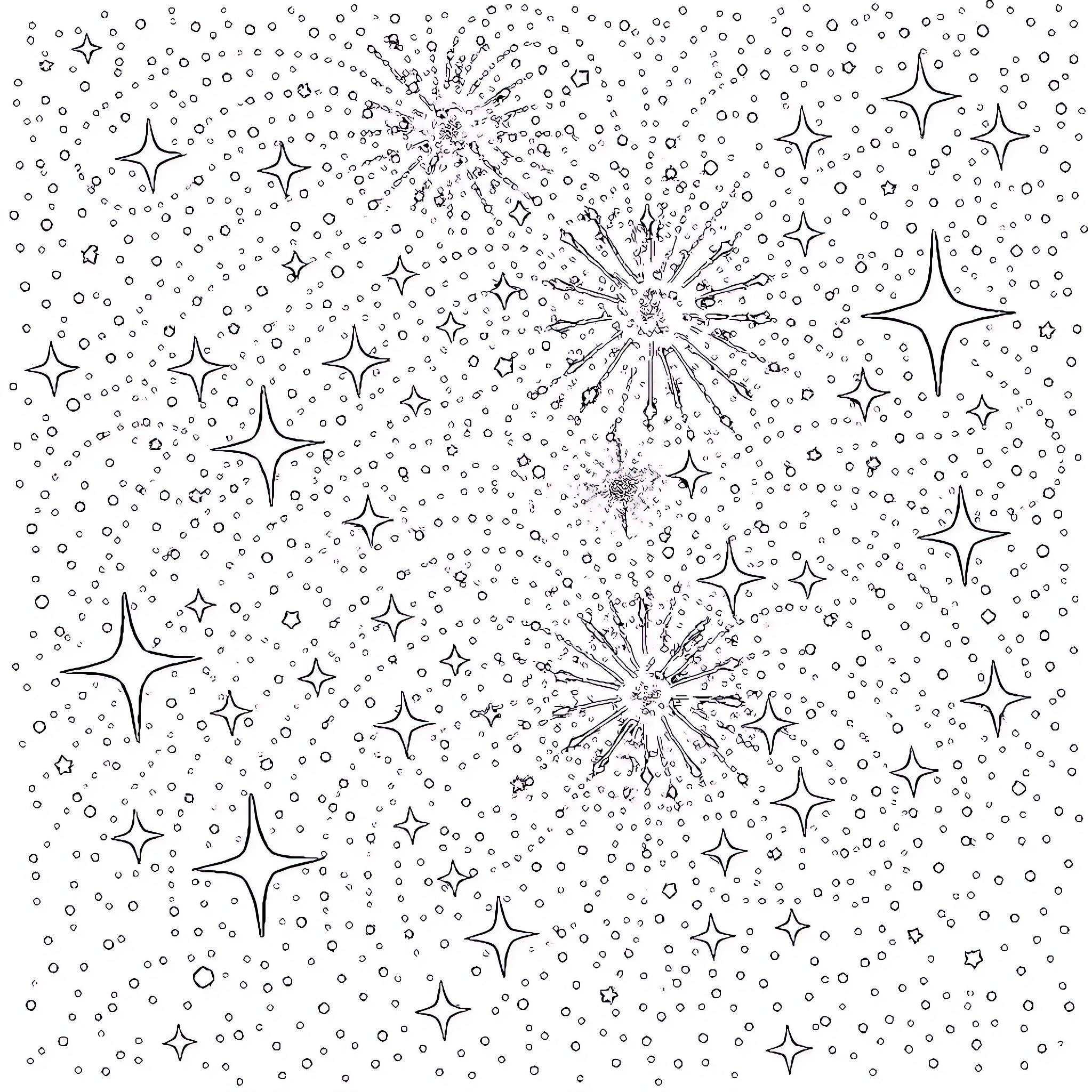 Space filled with twinkling stars and cosmic energy Coloring Page (free black-and-white line drawing printable PDF for all, from beginners to advanced learners, including children, teens, adults, and seniors)