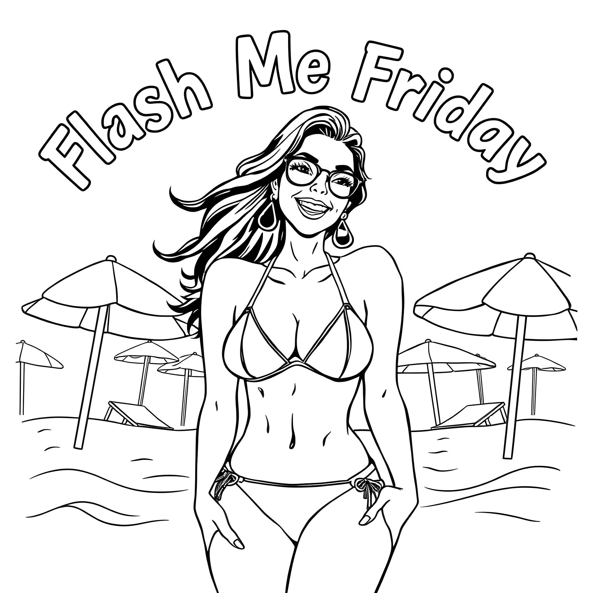 Woman in Swimsuit Enjoying the Beach Coloring Page (free black-and-white line drawing printable PDF for all, from beginners to advanced learners, including children, teens, adults, and seniors)