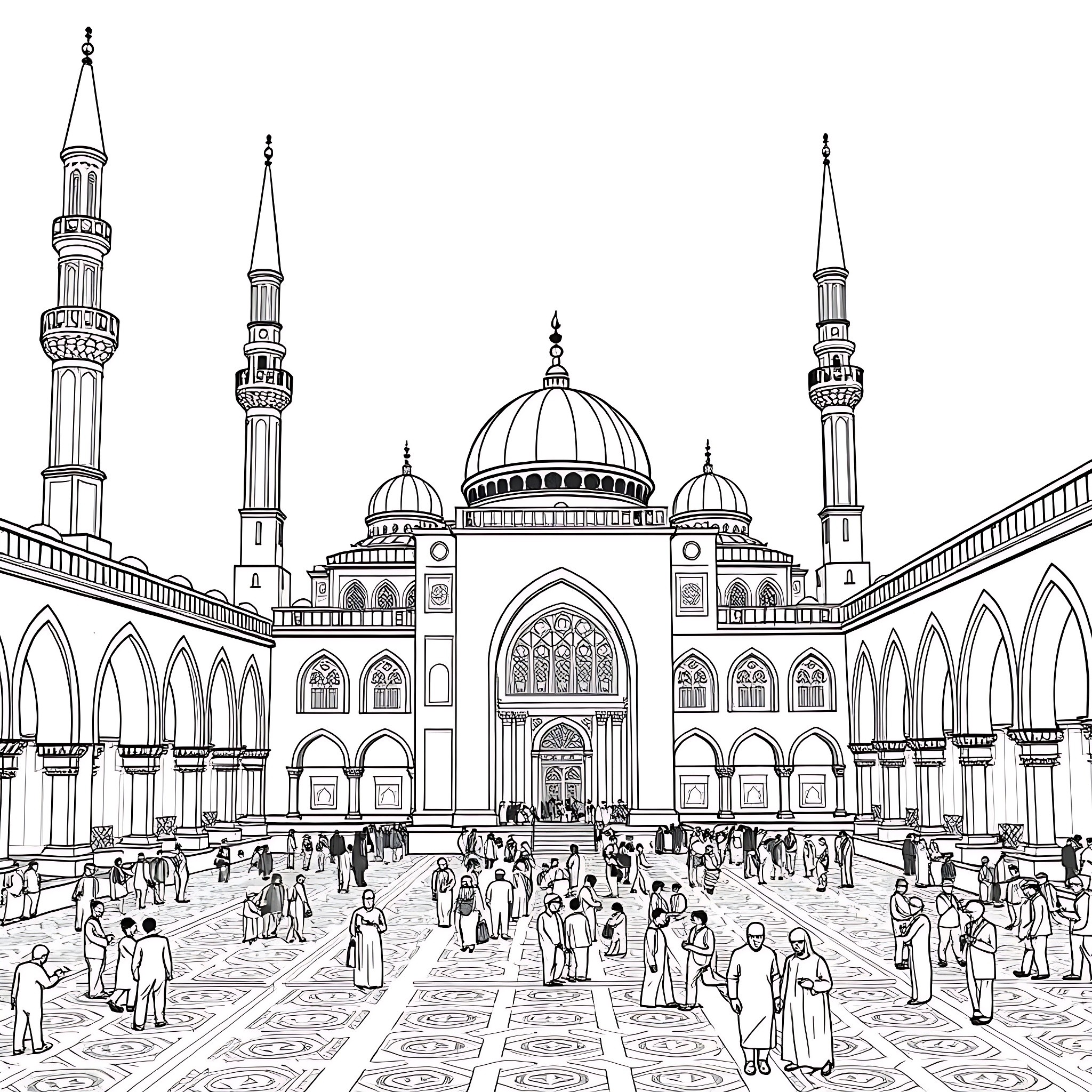 Al Azhar Mosque: Majestic Architecture and Lively Gathering Coloring Page (free black-and-white line drawing printable PDF for all, from beginners to advanced learners, including children, teens, adults, and seniors)
