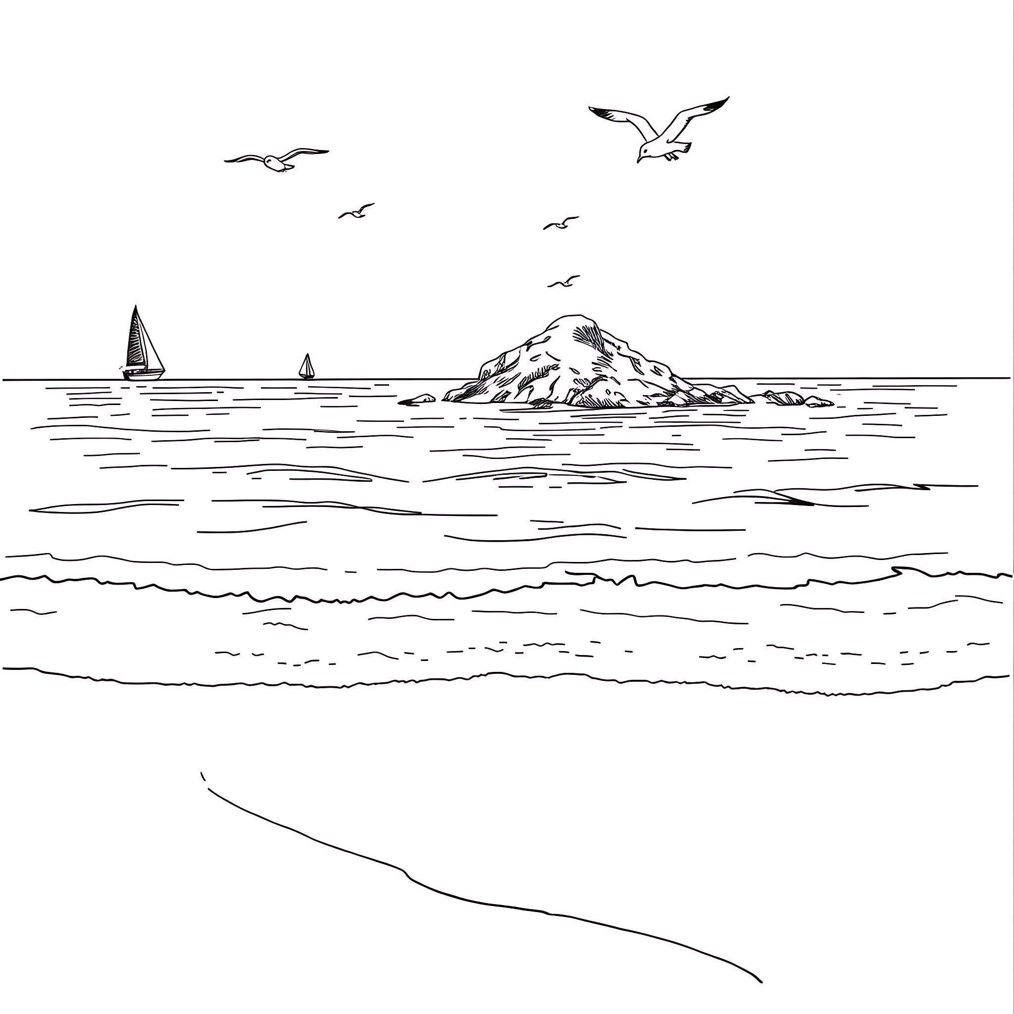 Sea scenery with island and sailing boats Coloring Page (free black-and-white line drawing printable PDF for all, from beginners to advanced learners, including children, teens, adults, and seniors)