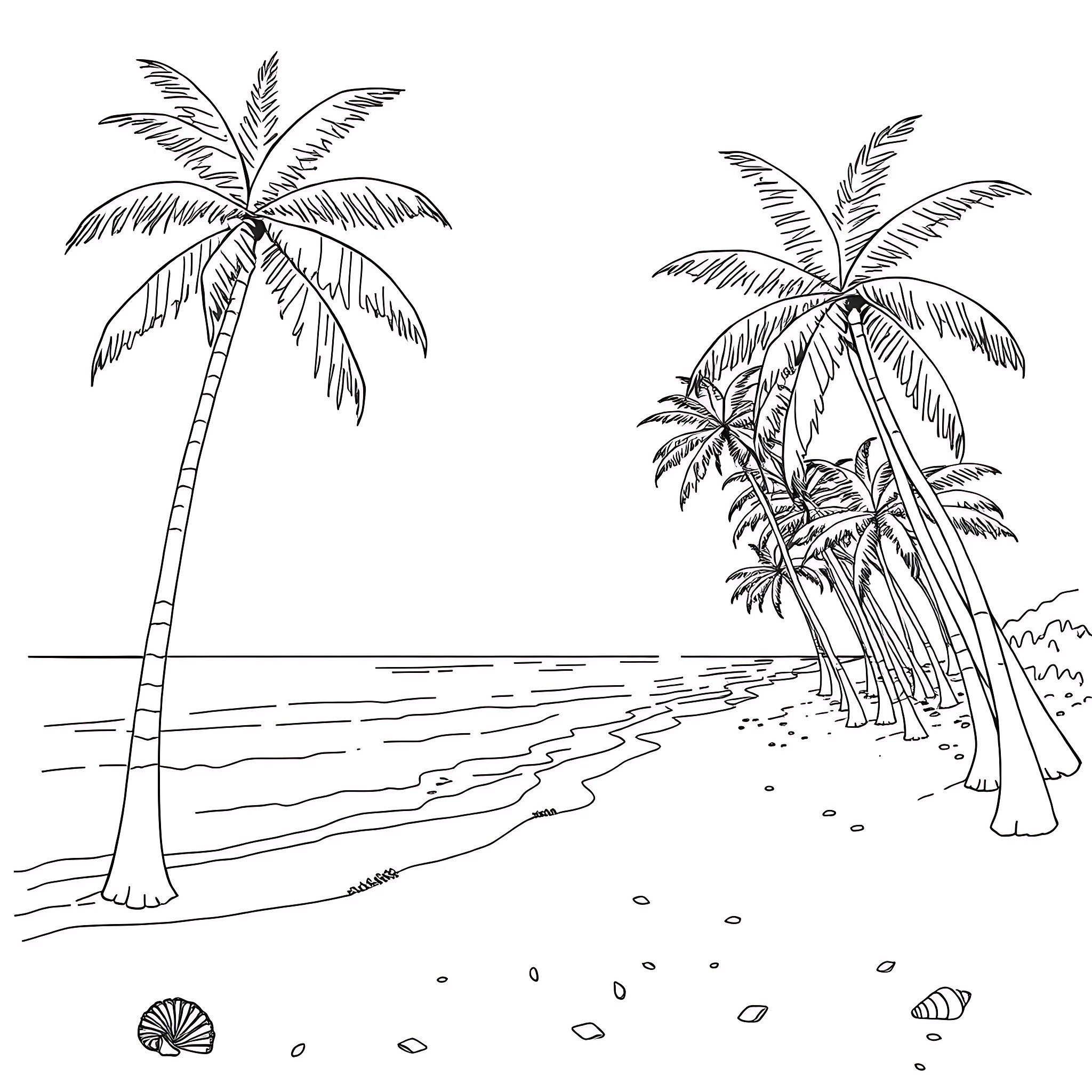 Palm trees swaying on a tropical beach Coloring Page (free black-and-white line drawing printable PDF for all, from beginners to advanced learners, including children, teens, adults, and seniors)