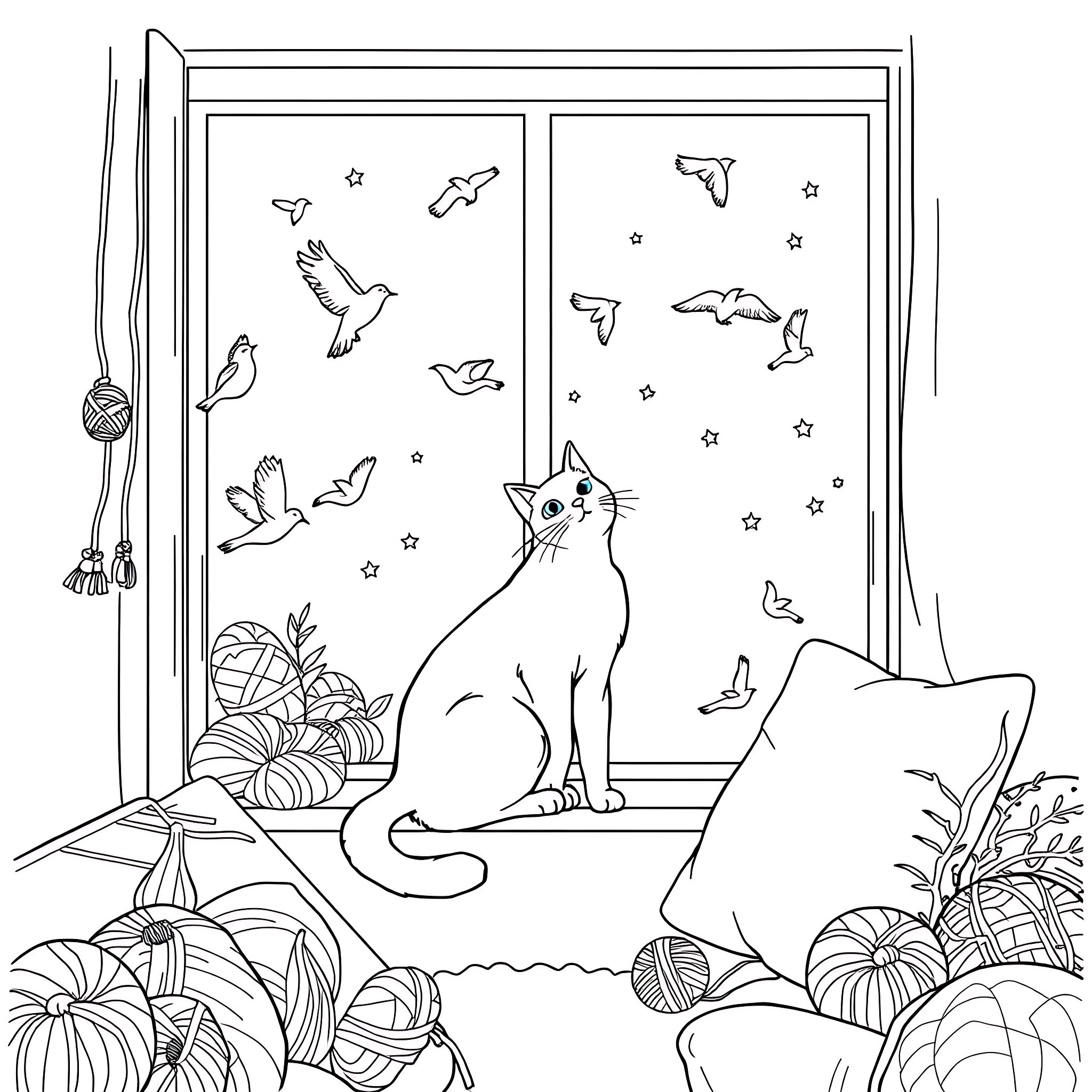 Cat Enjoying the Cozy Window View Coloring Page (free black-and-white line drawing printable PDF for all, from beginners to advanced learners, including children, teens, adults, and seniors)