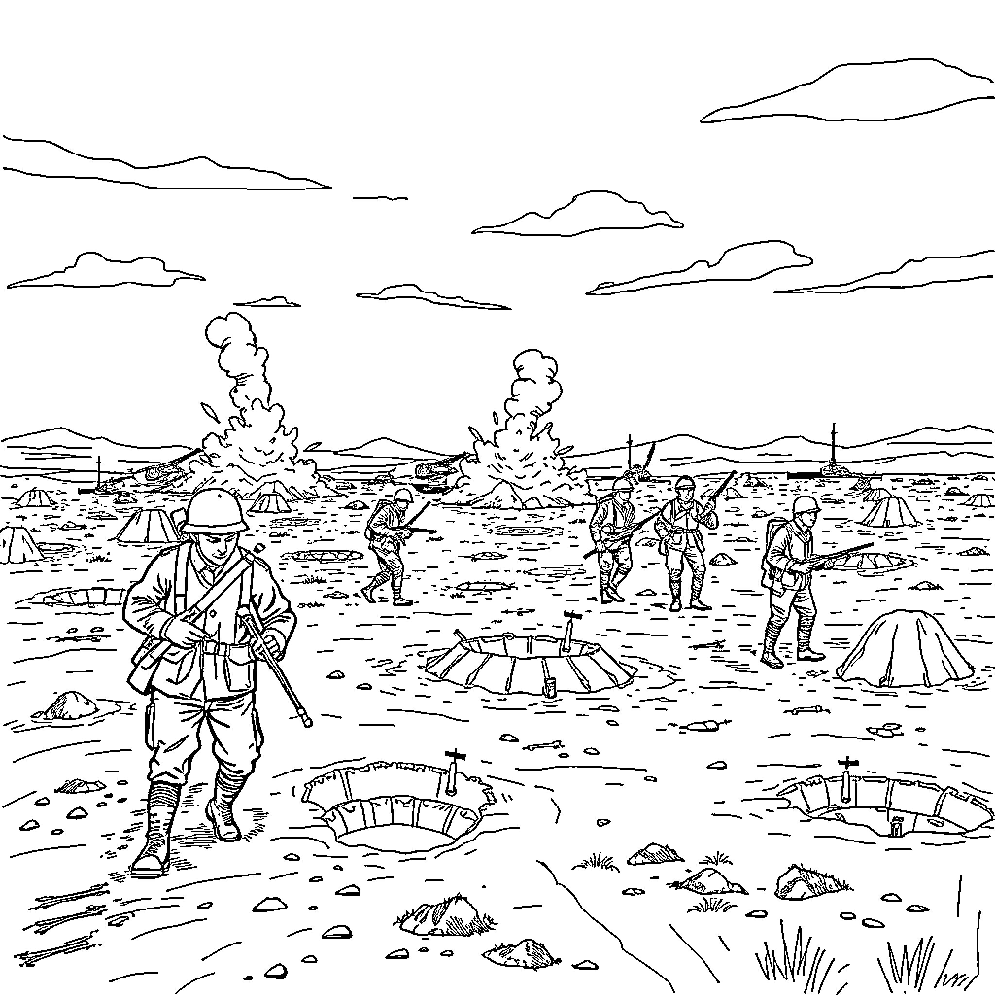 Battlefield of soldiers in hostile terrain Coloring Page (free black-and-white line drawing printable PDF for all, from beginners to advanced learners, including children, teens, adults, and seniors)