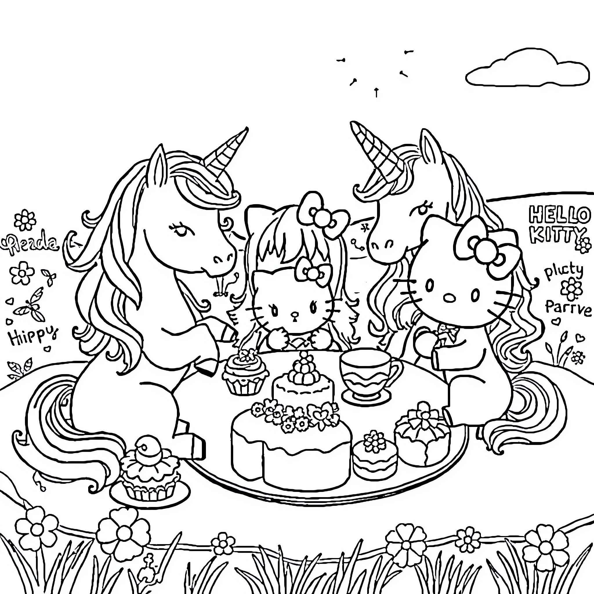 Unicorns and Cute Characters Enjoying a Whimsical Tea Party Coloring Page (free black-and-white line drawing printable PDF for all, from beginners to advanced learners, including children, teens, adults, and seniors)
