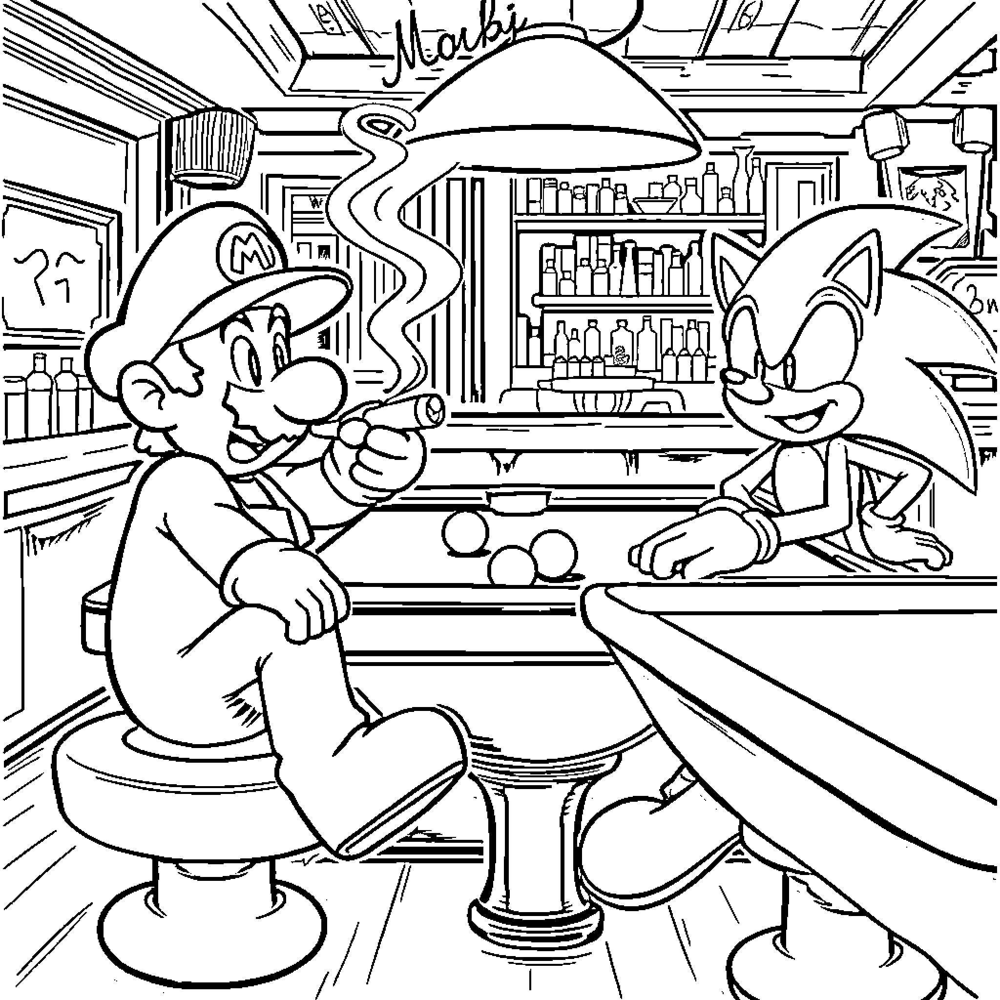 Mario and Sonic Hanging Out at the Bar Coloring Page (free black-and-white line drawing printable PDF for all, from beginners to advanced learners, including children, teens, adults, and seniors)