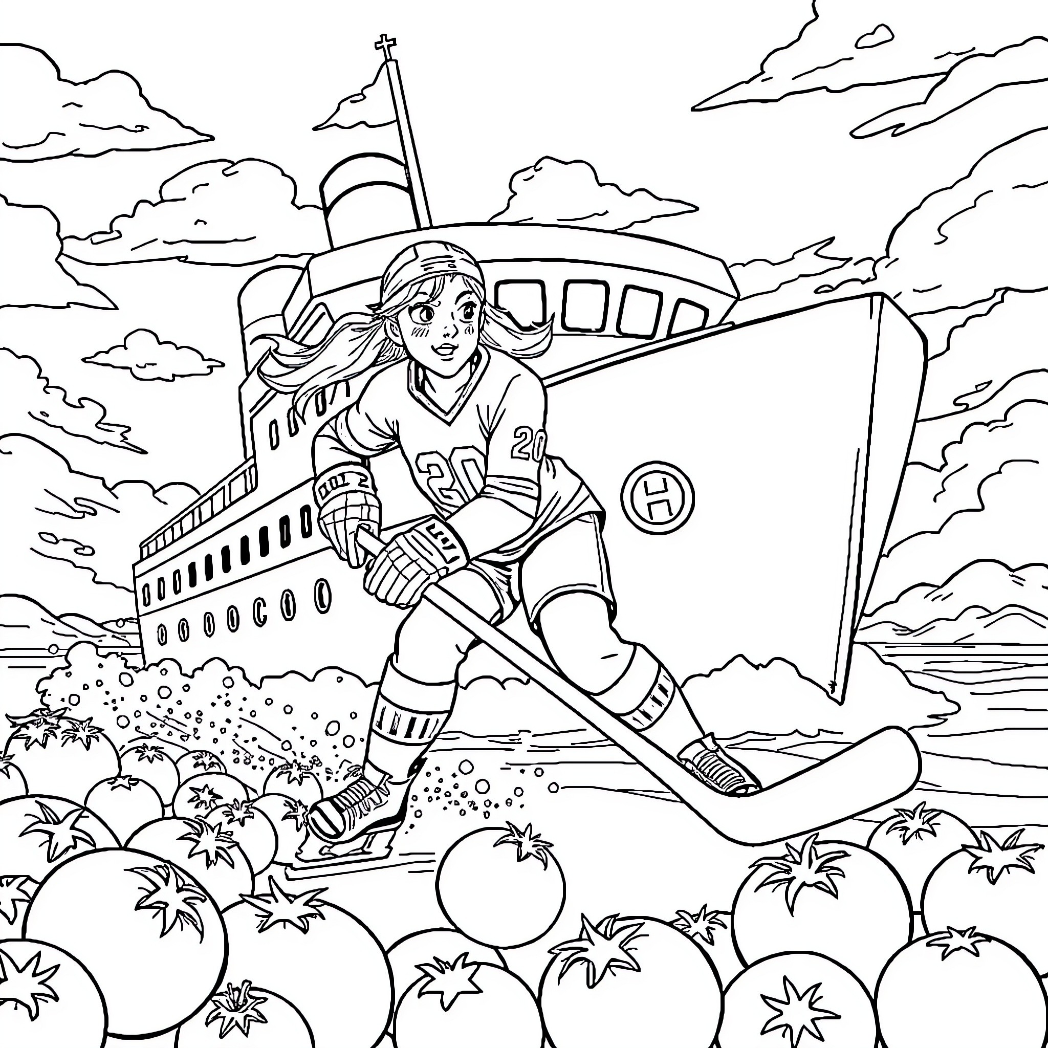 Hannah Brandt playing hockey in a tropical setting Coloring Page (free black-and-white line drawing printable PDF for all, from beginners to advanced learners, including children, teens, adults, and seniors)