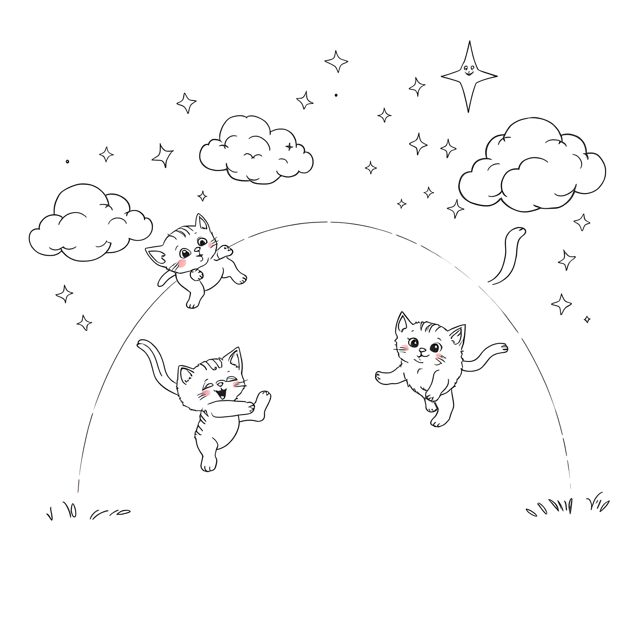 Kittens playing joyfully in the sky Coloring Page (free black-and-white line drawing printable PDF for all, from beginners to advanced learners, including children, teens, adults, and seniors)