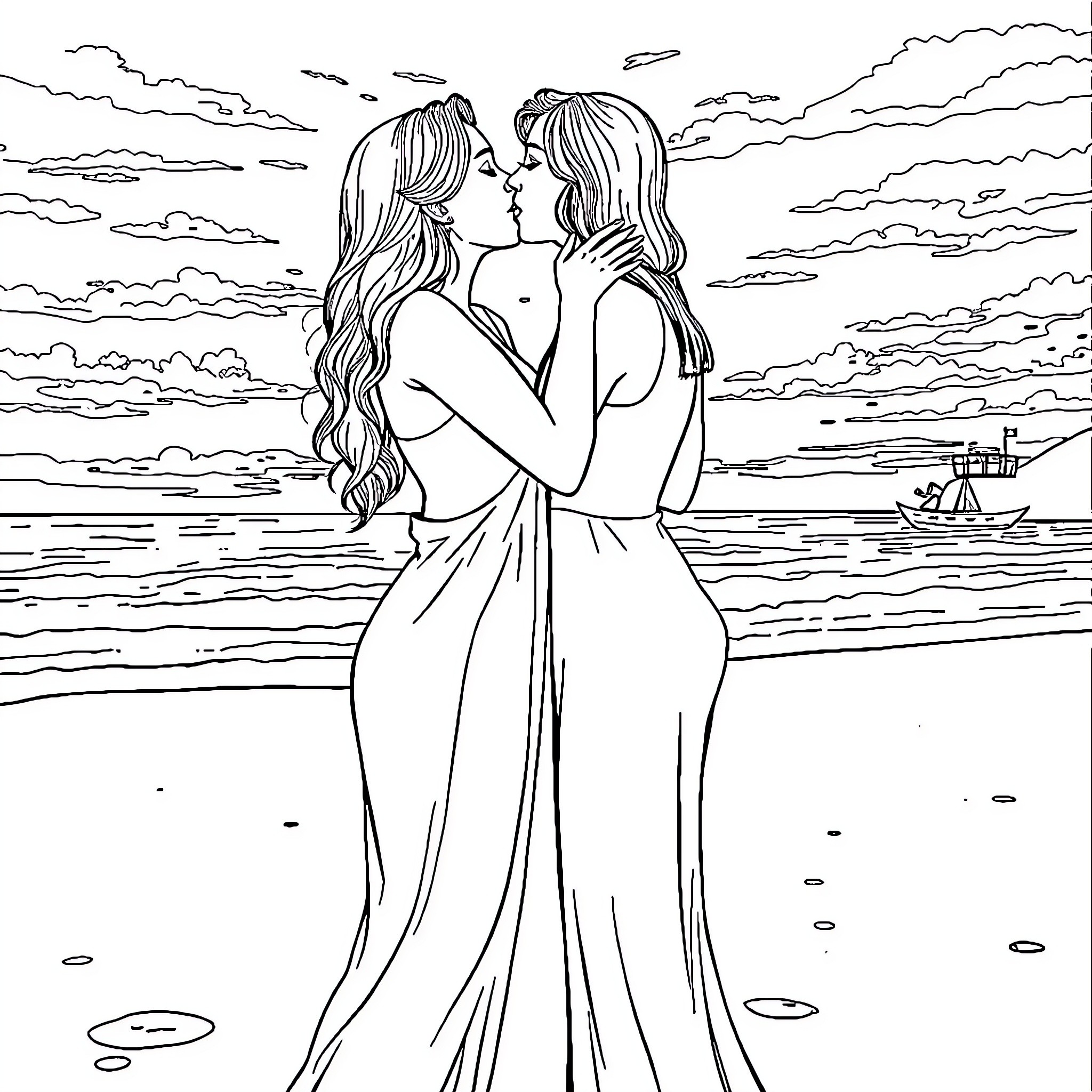 Lesbian couple embracing on the beach Coloring Page (free black-and-white line drawing printable PDF for all, from beginners to advanced learners, including children, teens, adults, and seniors)