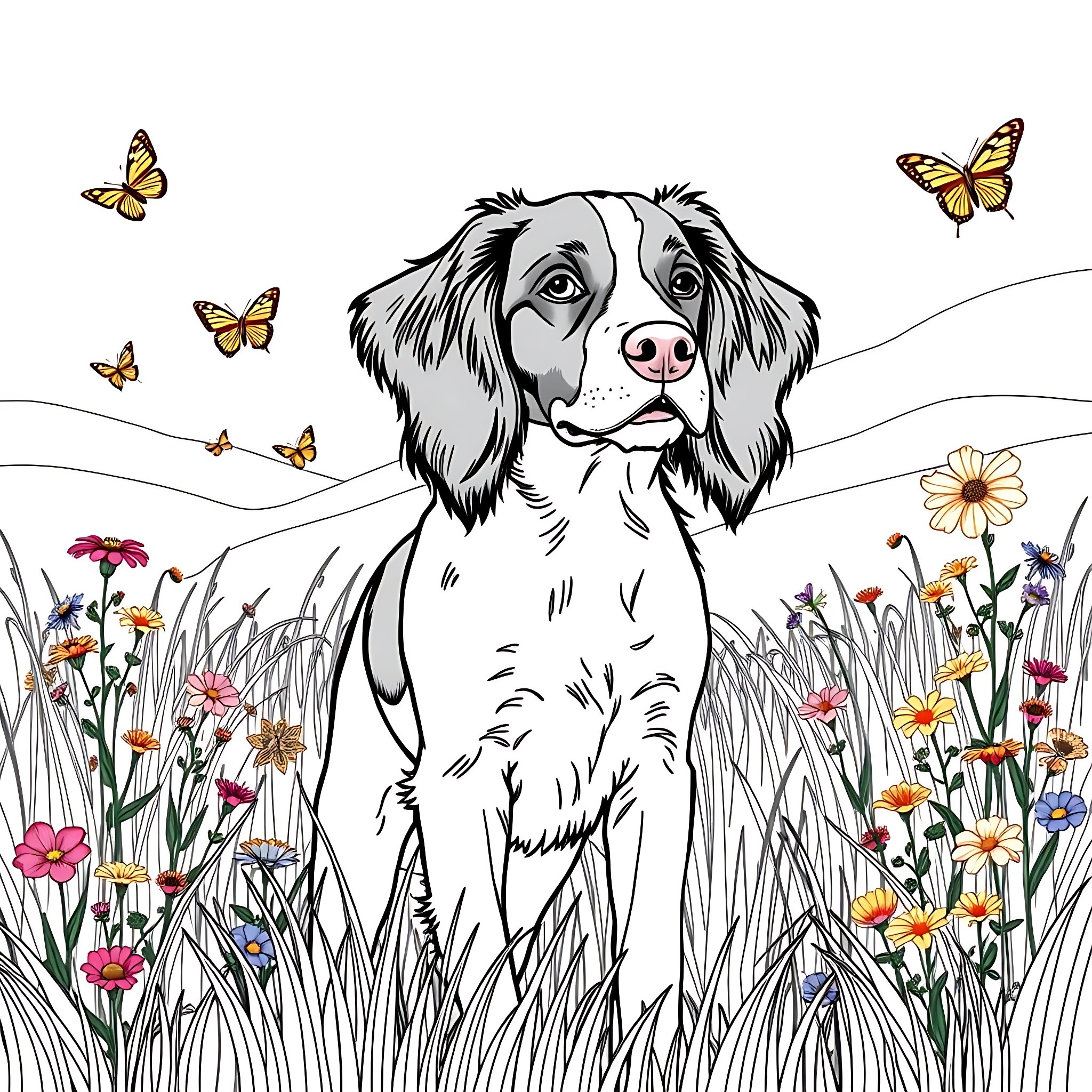 Brittany Spaniel exploring a field of flowers and butterflies Coloring Page (free black-and-white line drawing printable PDF for all, from beginners to advanced learners, including children, teens, adults, and seniors)
