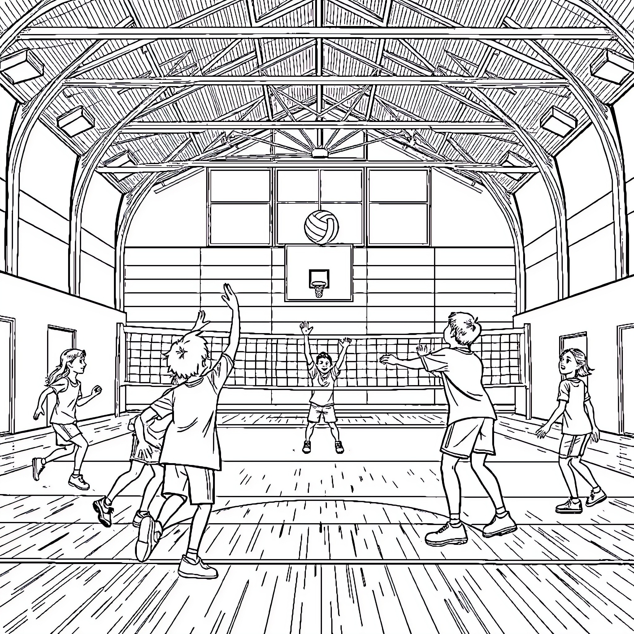 Kids playing basketball in a gymnasium Coloring Page (free black-and-white line drawing printable PDF for all, from beginners to advanced learners, including children, teens, adults, and seniors)