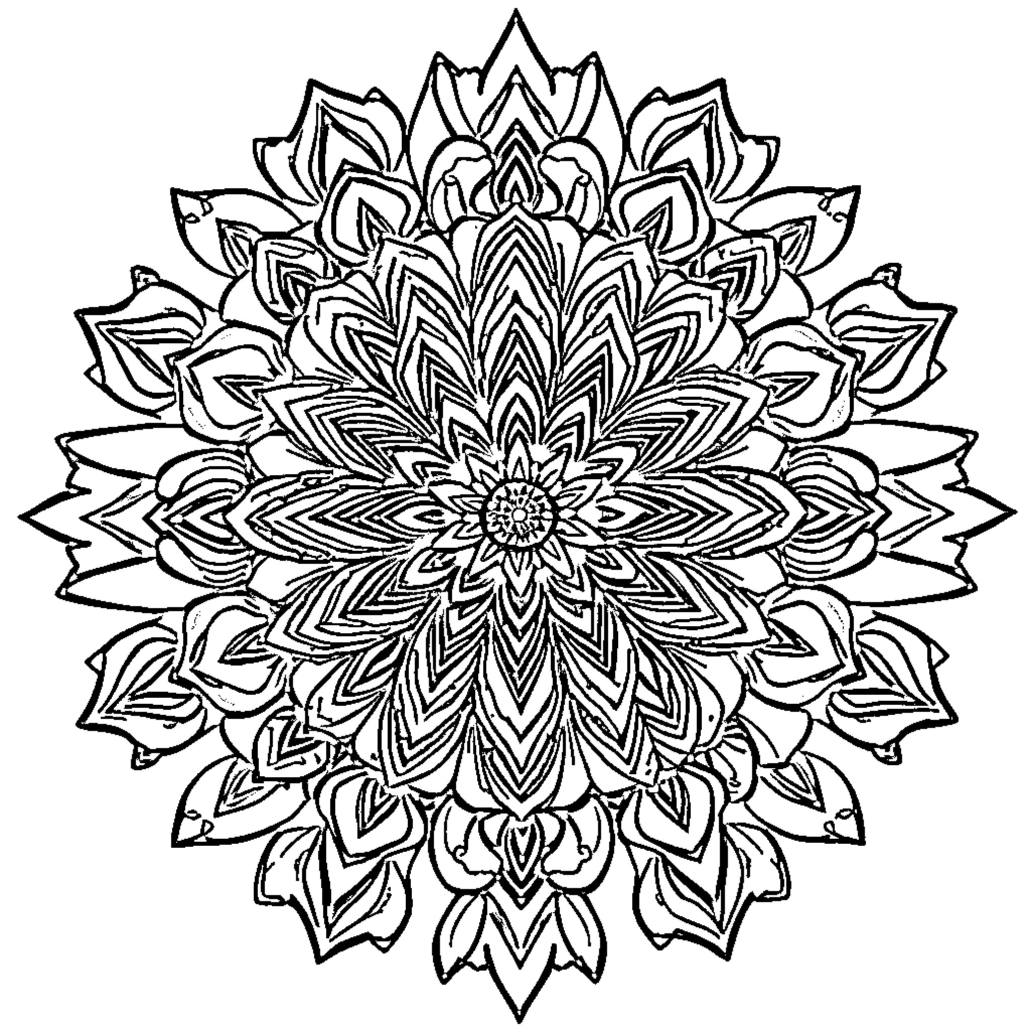 Mandala of intricate floral patterns Coloring Page (free black-and-white line drawing printable PDF for all, from beginners to advanced learners, including children, teens, adults, and seniors)