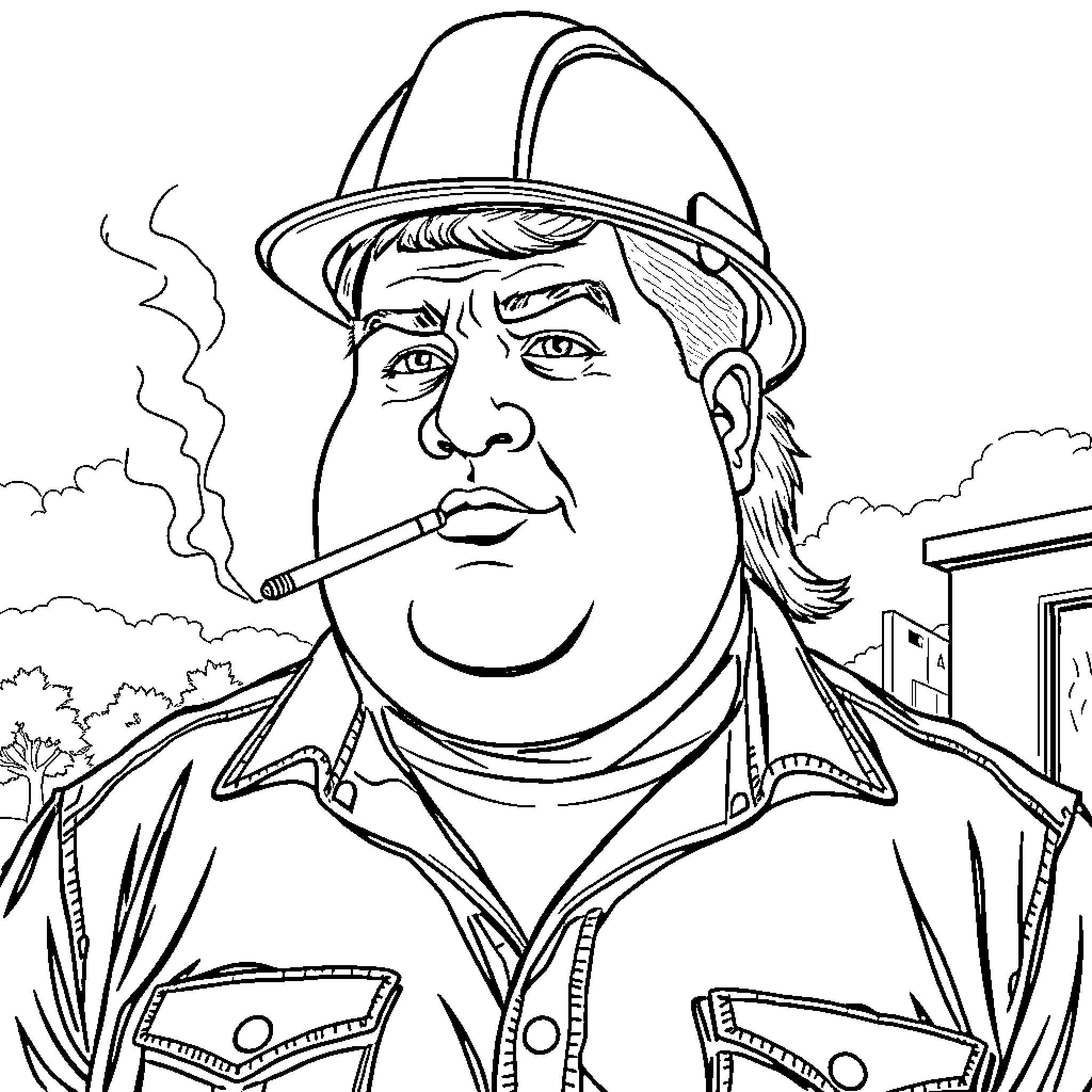 Man in Hardhat Smoking Cigarette at Construction Site Coloring Page (free black-and-white line drawing printable PDF for all, from beginners to advanced learners, including children, teens, adults, and seniors)