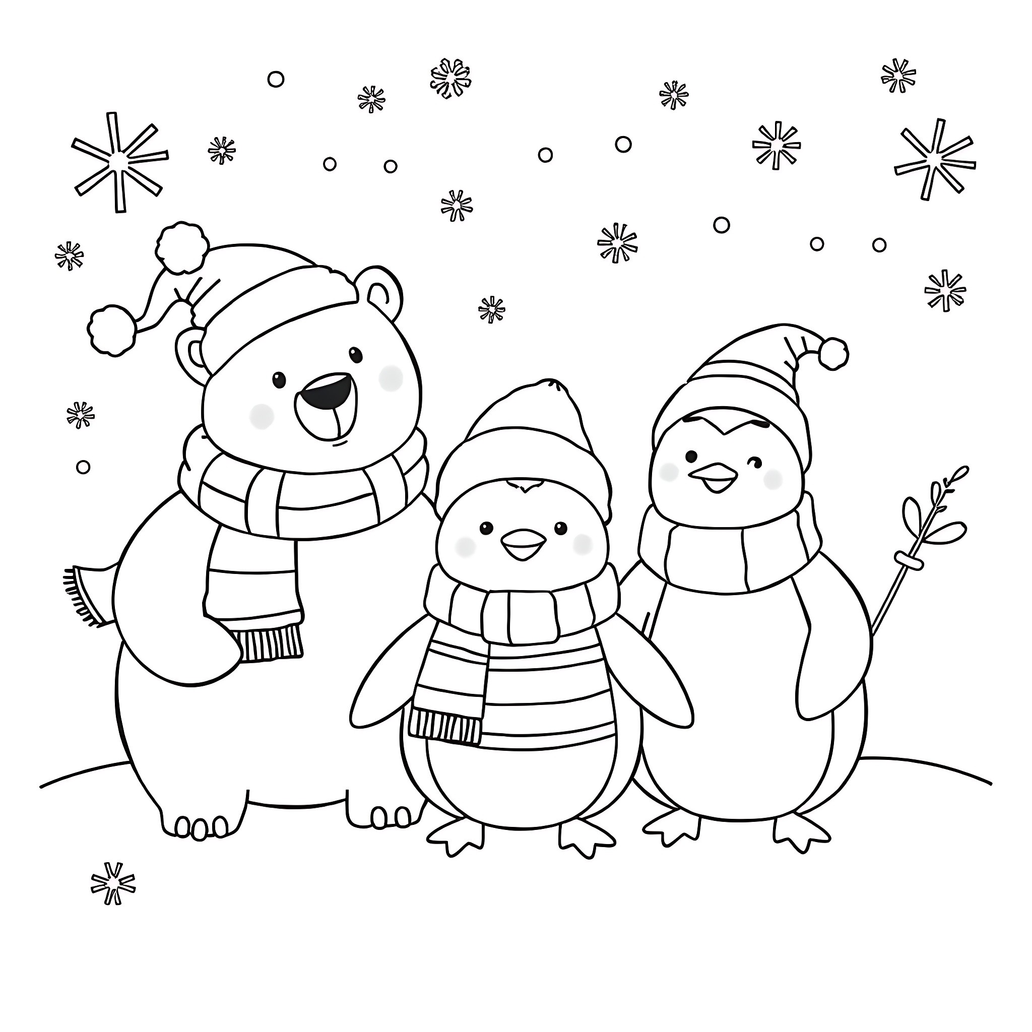Animal friends enjoying snowy winter scene Coloring Page (free black-and-white line drawing printable PDF for all, from beginners to advanced learners, including children, teens, adults, and seniors)