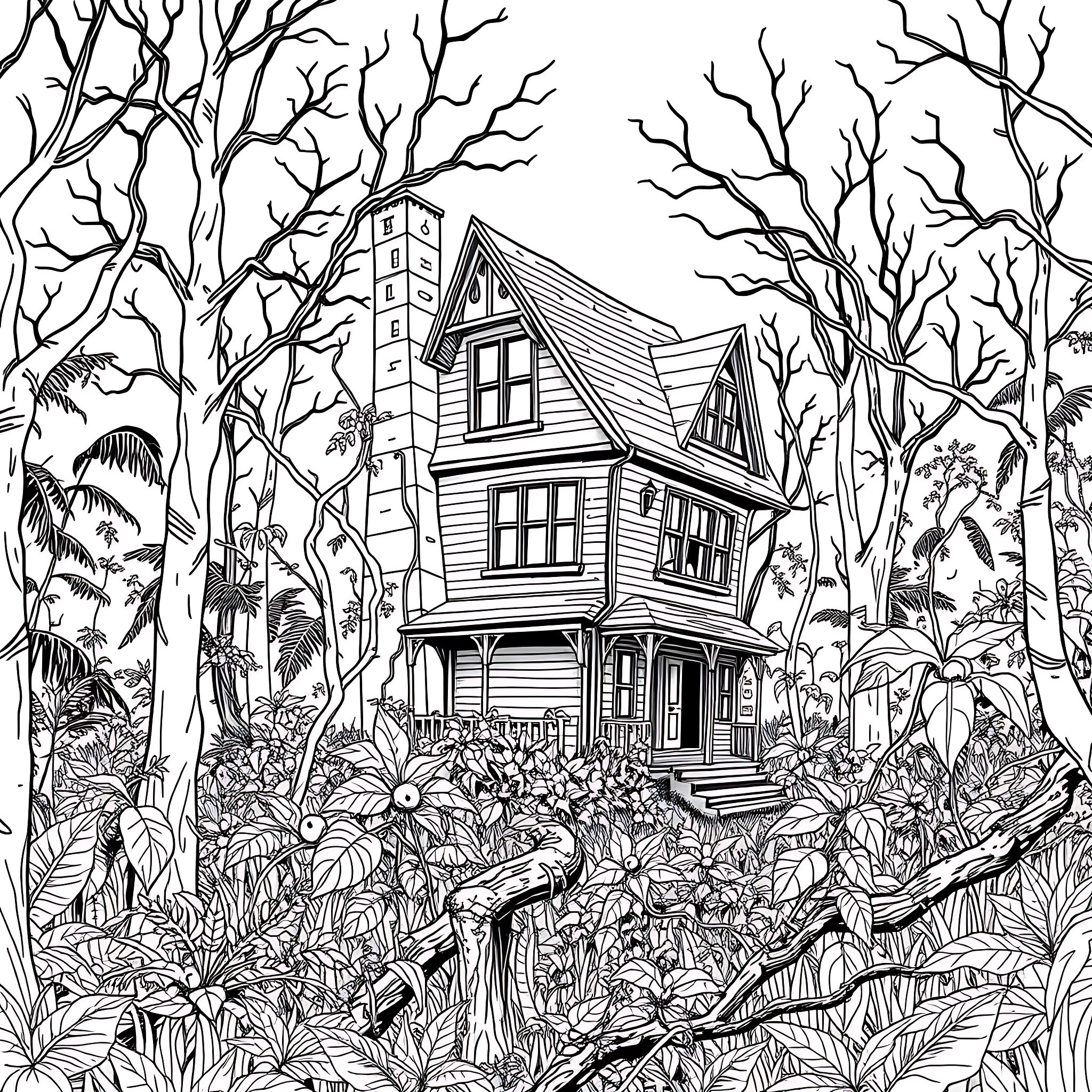 Haunted House Surrounded by Mysterious Forest Coloring Page (free black-and-white line drawing printable PDF for all, from beginners to advanced learners, including children, teens, adults, and seniors)
