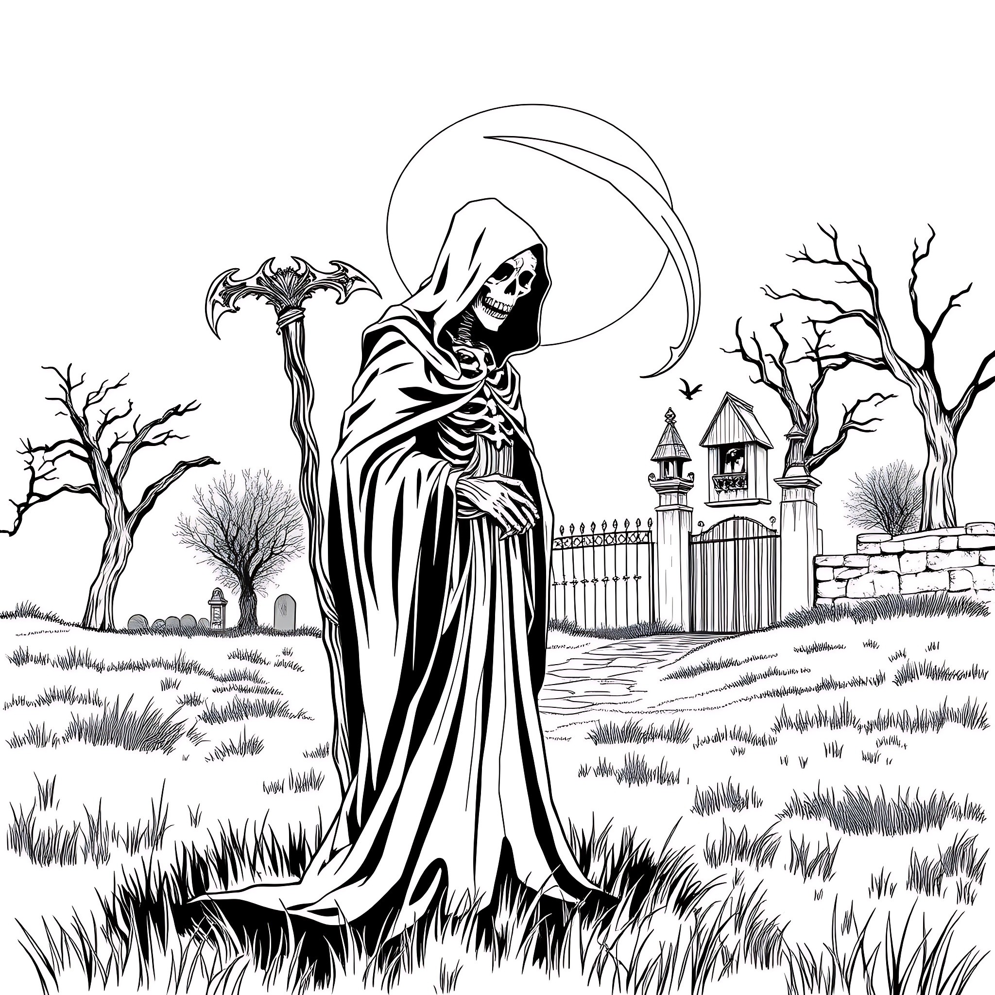 Grim Reaper in a Haunting Graveyard Scene Coloring Page (free black-and-white line drawing printable PDF for all, from beginners to advanced learners, including children, teens, adults, and seniors)