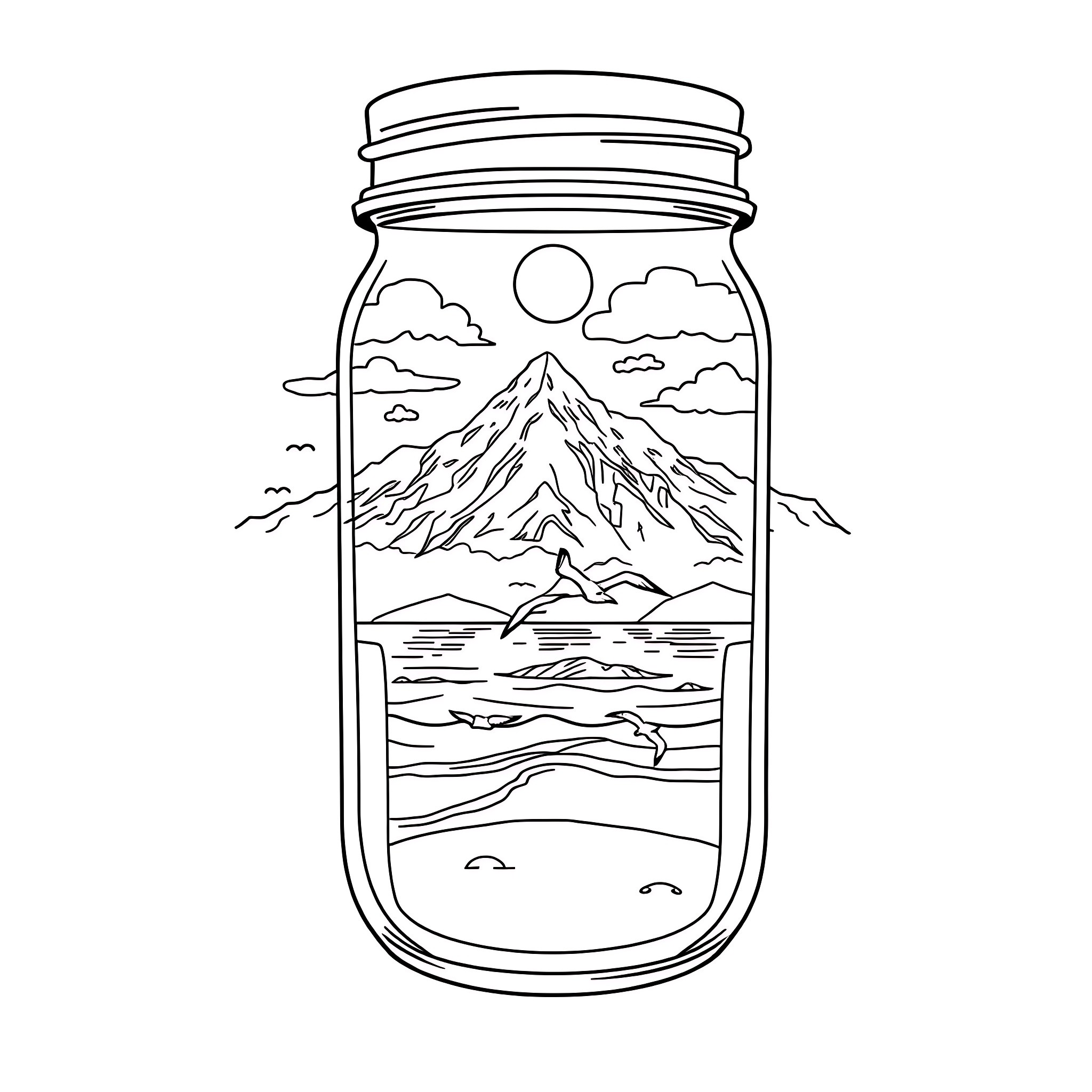 Mountain Scene in a Jar Coloring Page (free black-and-white line drawing printable PDF for all, from beginners to advanced learners, including children, teens, adults, and seniors)