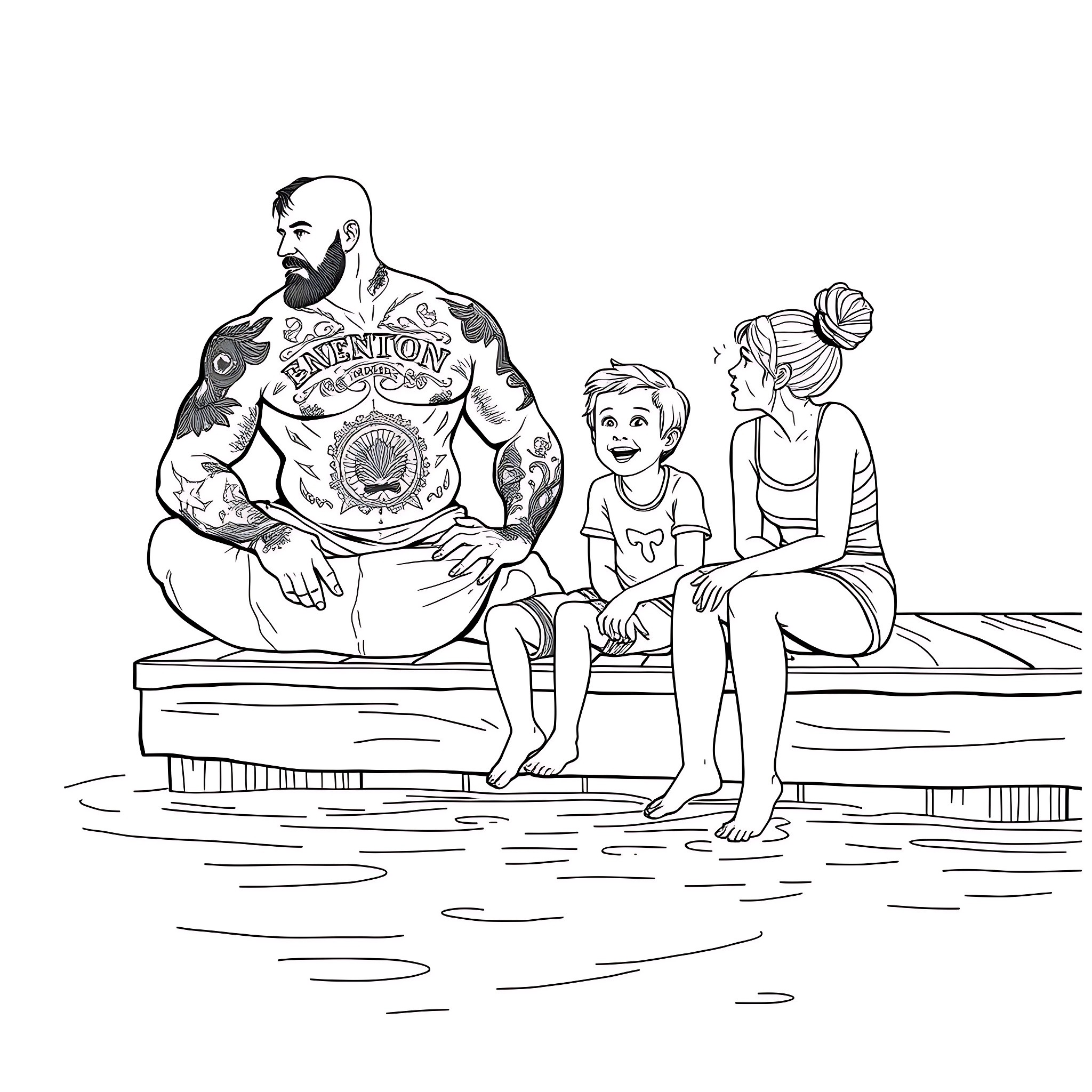 Family Relaxing Together by the Water Coloring Page (free black-and-white line drawing printable PDF for all, from beginners to advanced learners, including children, teens, adults, and seniors)