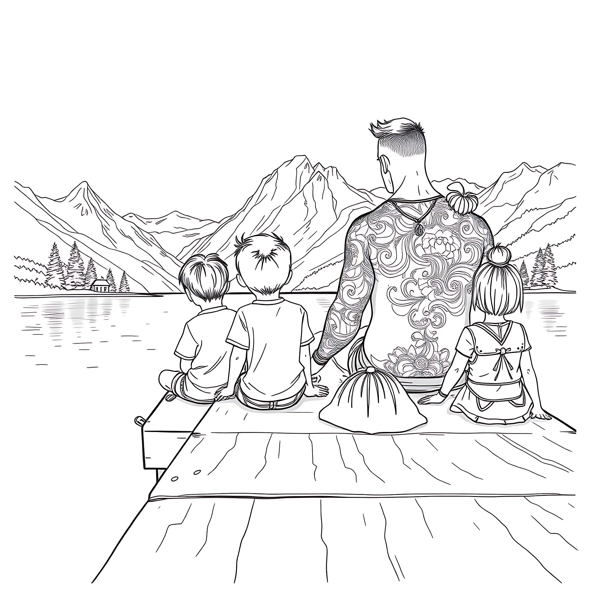 Family Enjoying Scenic Mountain Landscape Coloring Page (free black-and-white line drawing printable PDF for all, from beginners to advanced learners, including children, teens, adults, and seniors)