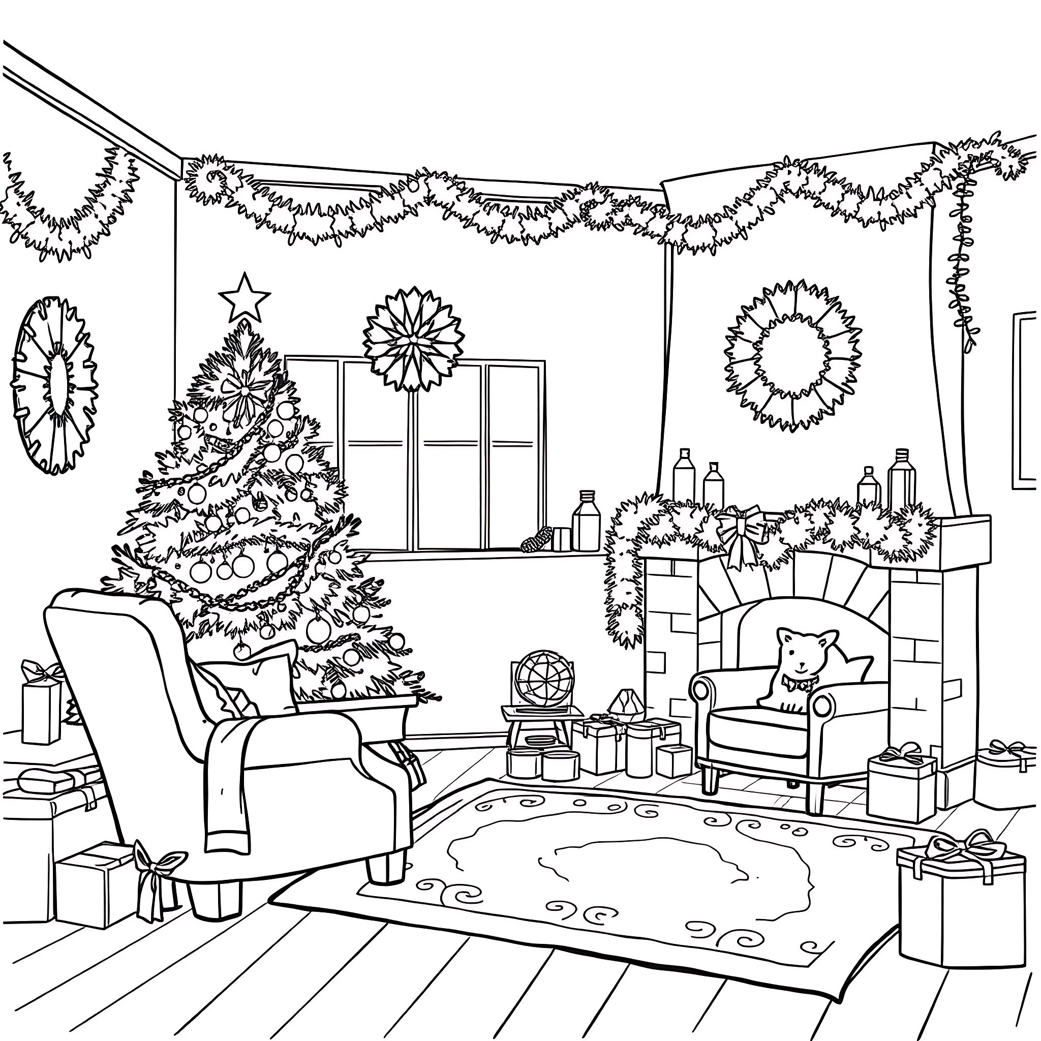 Christmas Tree Decorated with Wreaths and Garlands in Cozy Living Room Coloring Page (free black-and-white line drawing printable PDF for all, from beginners to advanced learners, including children, teens, adults, and seniors)