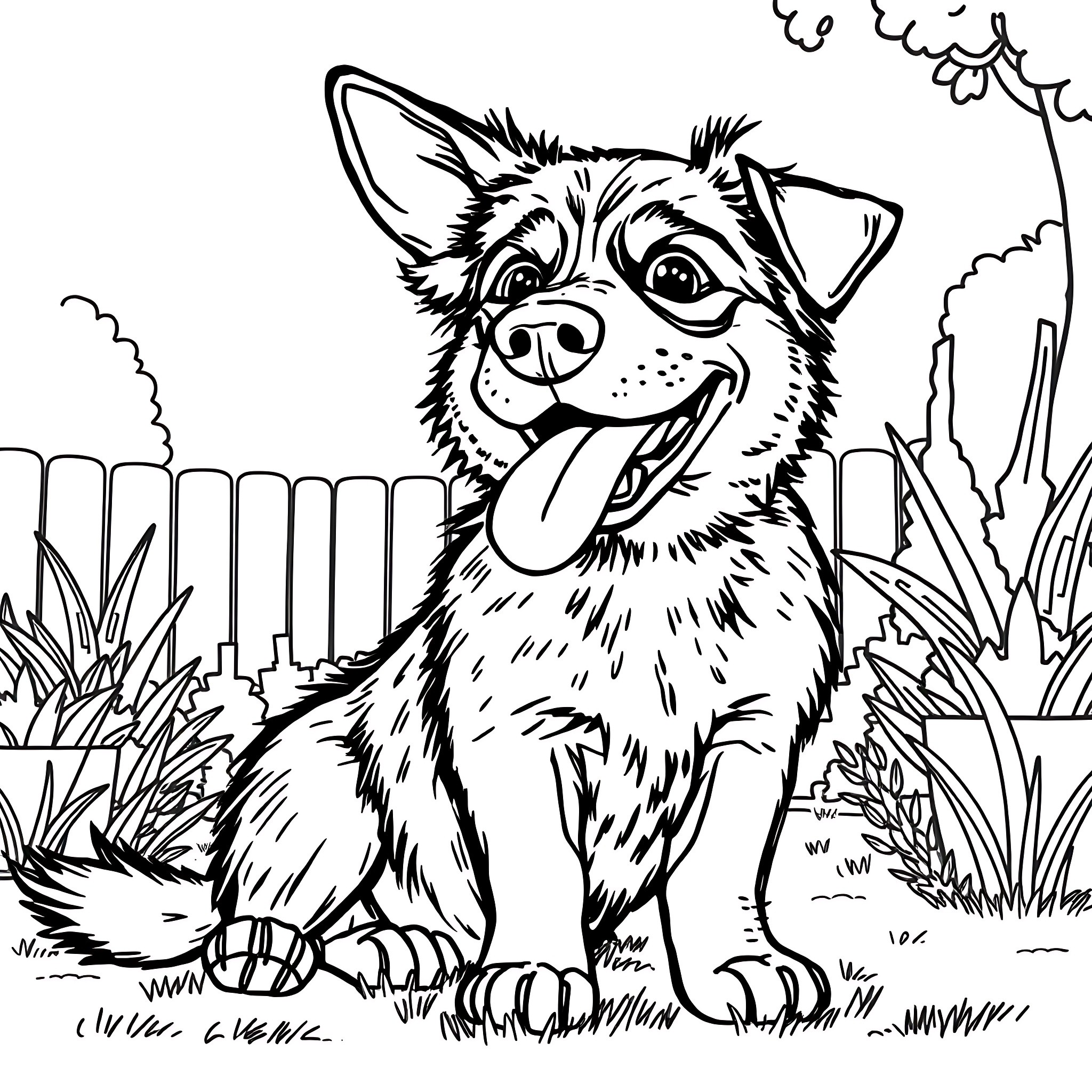 Dog playing happily in a yard Coloring Page (free black-and-white line drawing printable PDF for all, from beginners to advanced learners, including children, teens, adults, and seniors)