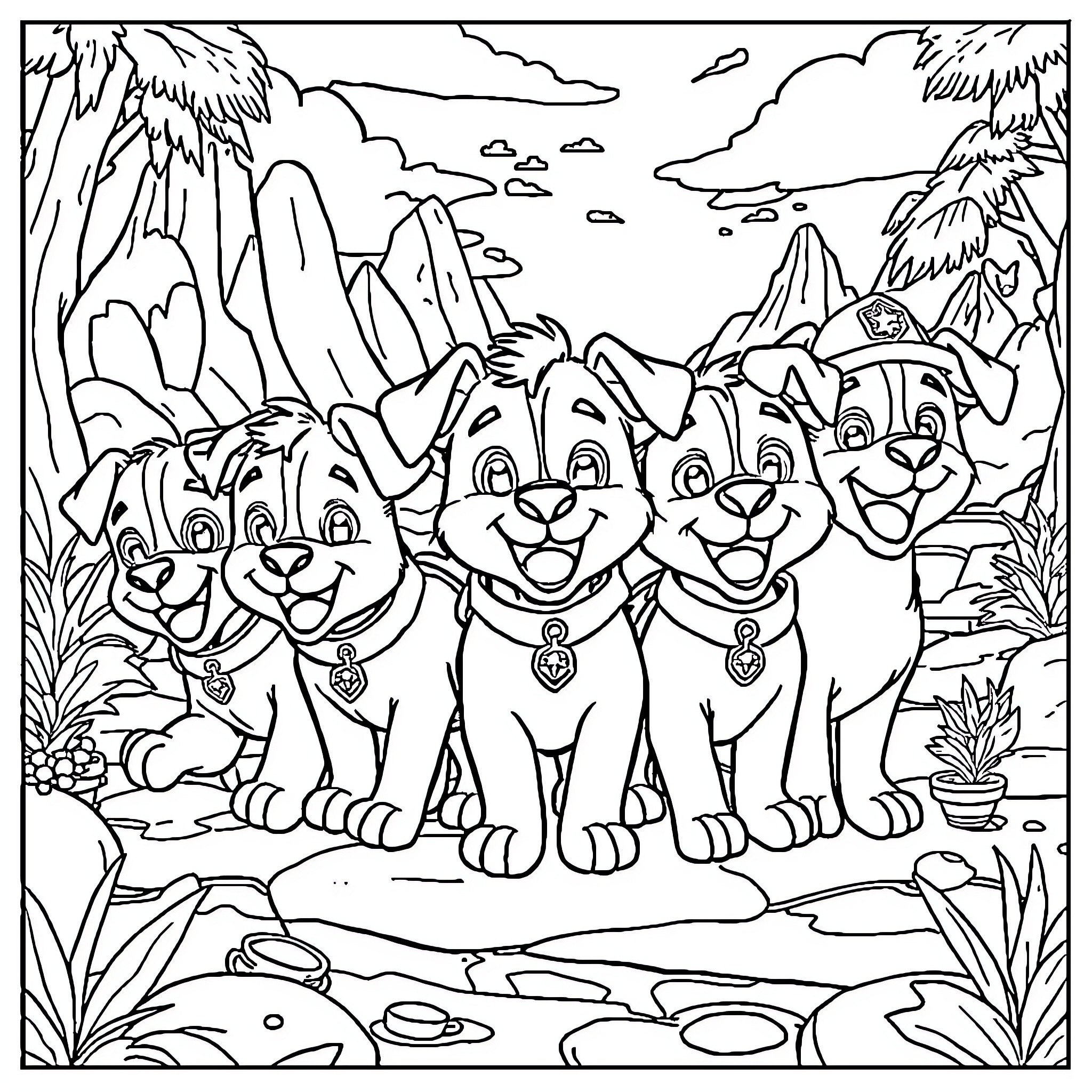 Paw Patrol team exploring the jungle adventure Coloring Page (free black-and-white line drawing printable PDF for all, from beginners to advanced learners, including children, teens, adults, and seniors)