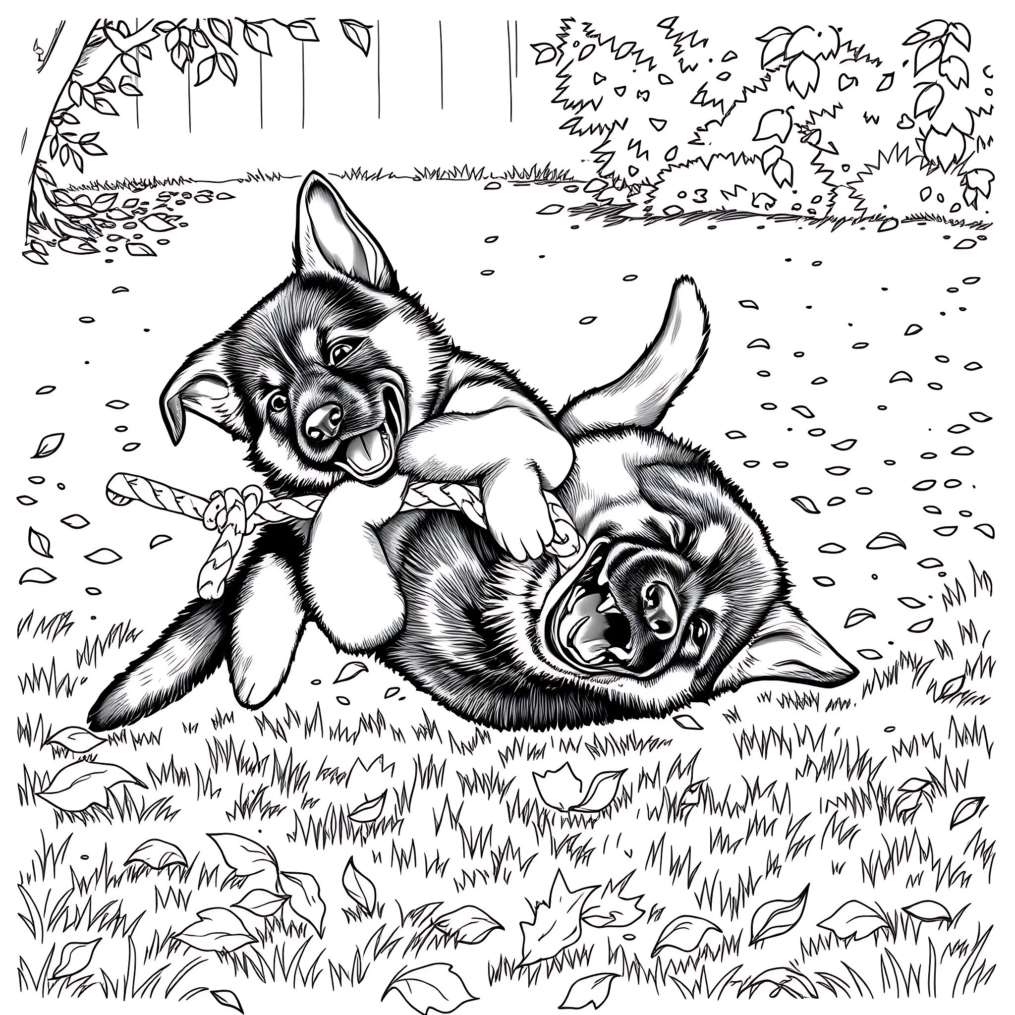 German Shepherd puppies playing in the grass Coloring Page (free black-and-white line drawing printable PDF for all, from beginners to advanced learners, including children, teens, adults, and seniors)