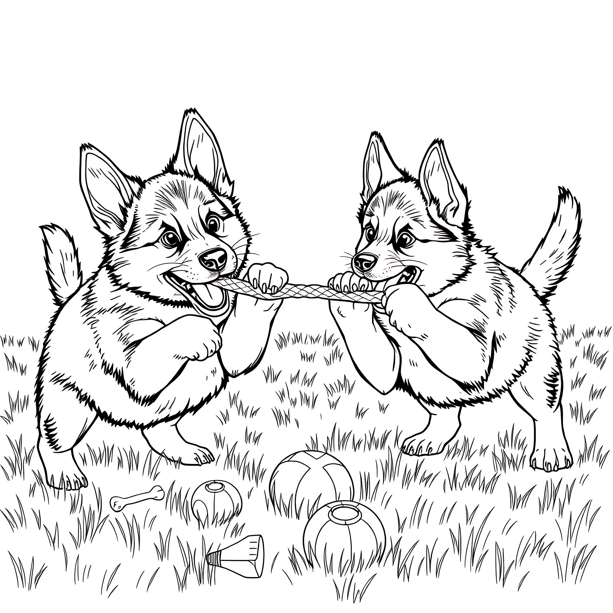 German Shepherd Puppies Playing Tug-of-war Coloring Page (free black-and-white line drawing printable PDF for all, from beginners to advanced learners, including children, teens, adults, and seniors)