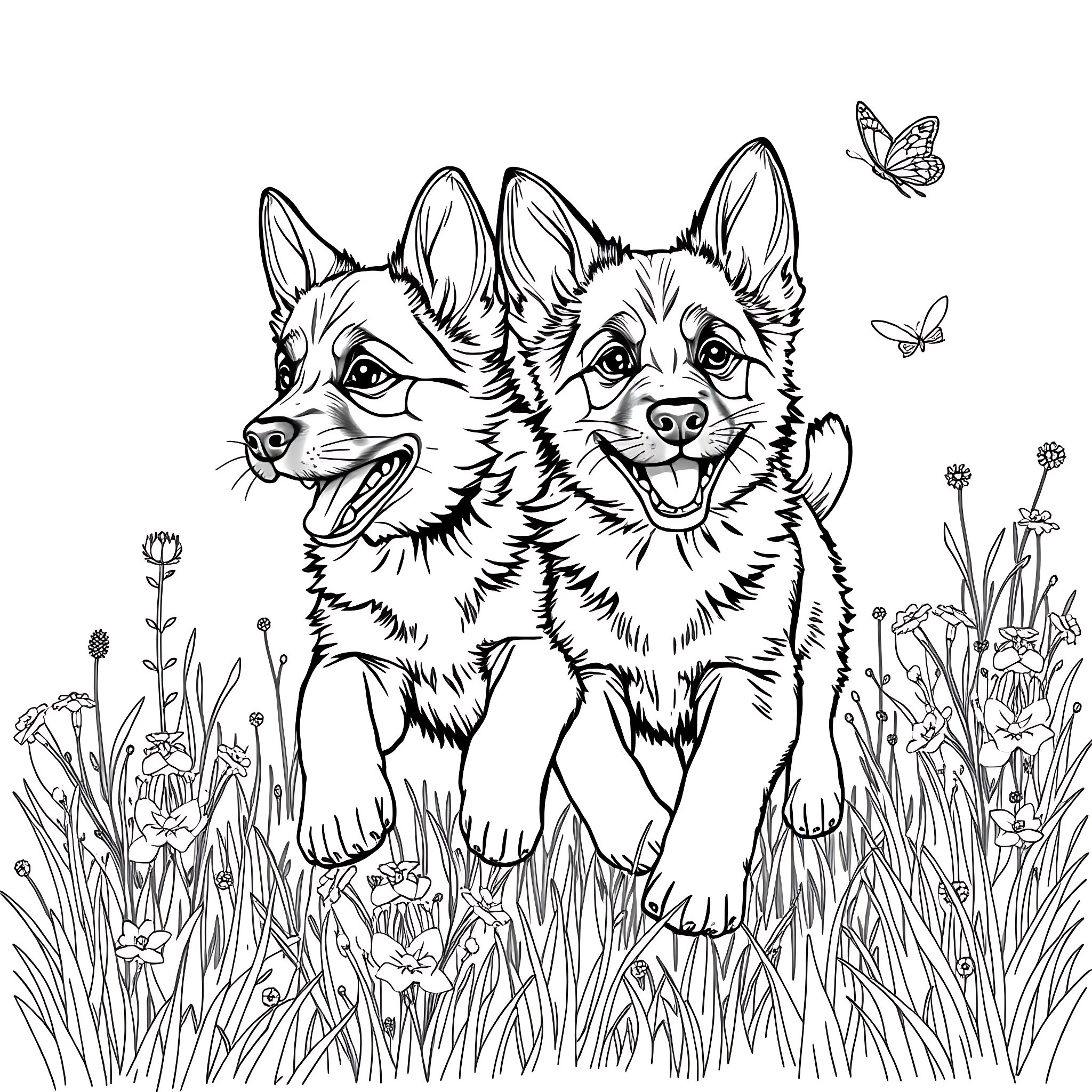 German Shepherd Dogs Playing in the Grass Coloring Page (free black-and-white line drawing printable PDF for all, from beginners to advanced learners, including children, teens, adults, and seniors)
