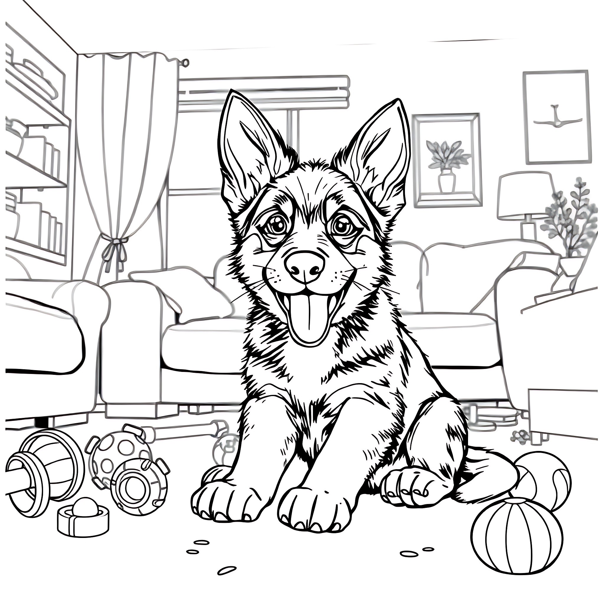 German Shepherd playing with toys in living room Coloring Page (free black-and-white line drawing printable PDF for all, from beginners to advanced learners, including children, teens, adults, and seniors)