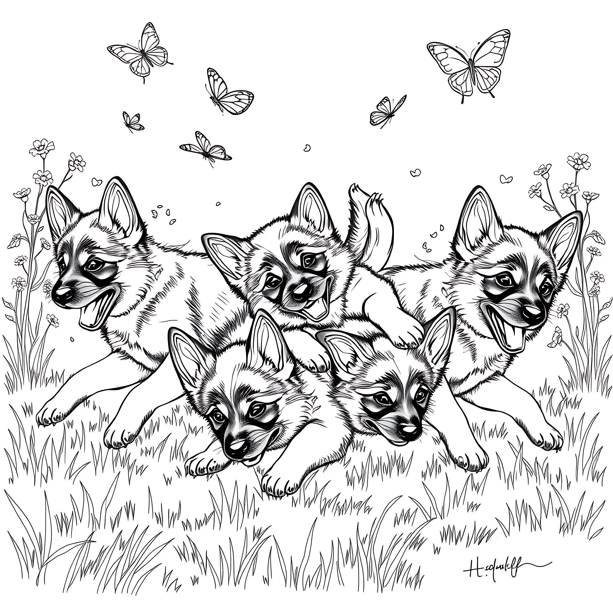 German Shepherd puppies playing in a meadow with butterflies Coloring Page (free black-and-white line drawing printable PDF for all, from beginners to advanced learners, including children, teens, adults, and seniors)