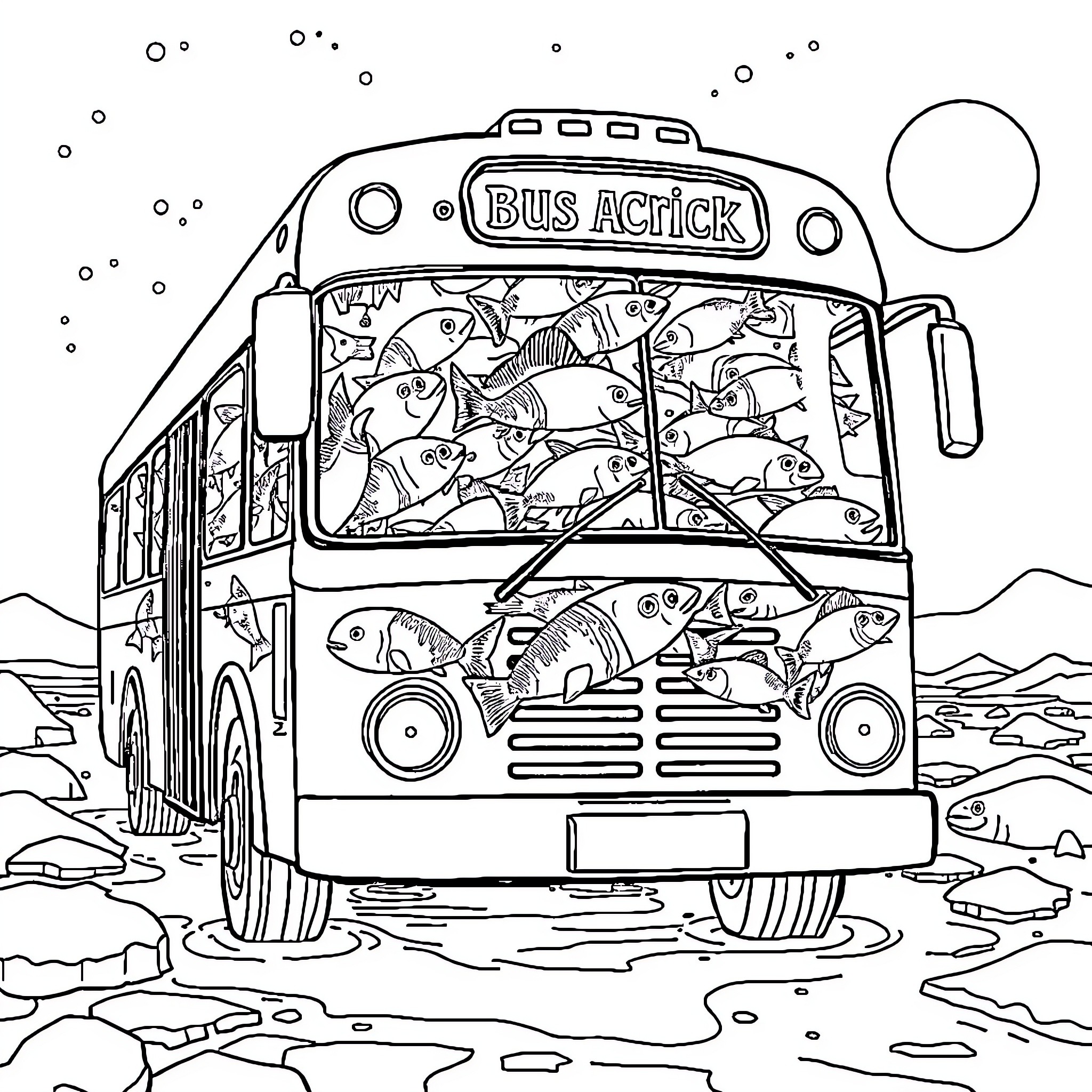 Bus filled with strange, fantastical creatures Coloring Page (free black-and-white line drawing printable PDF for all, from beginners to advanced learners, including children, teens, adults, and seniors)