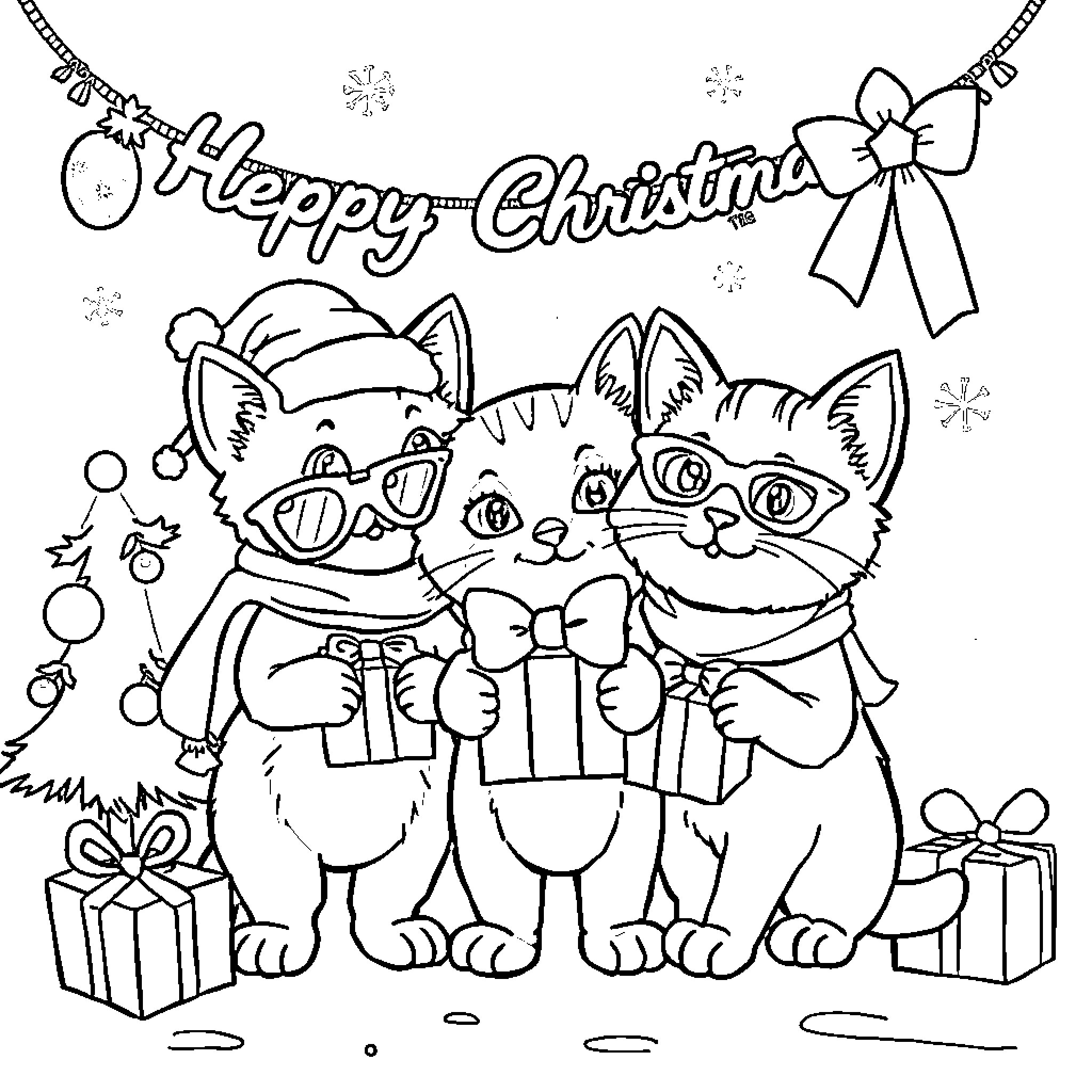 Kitty Christmas Celebration with Gifts and Decor Coloring Page (free black-and-white line drawing printable PDF for all, from beginners to advanced learners, including children, teens, adults, and seniors)