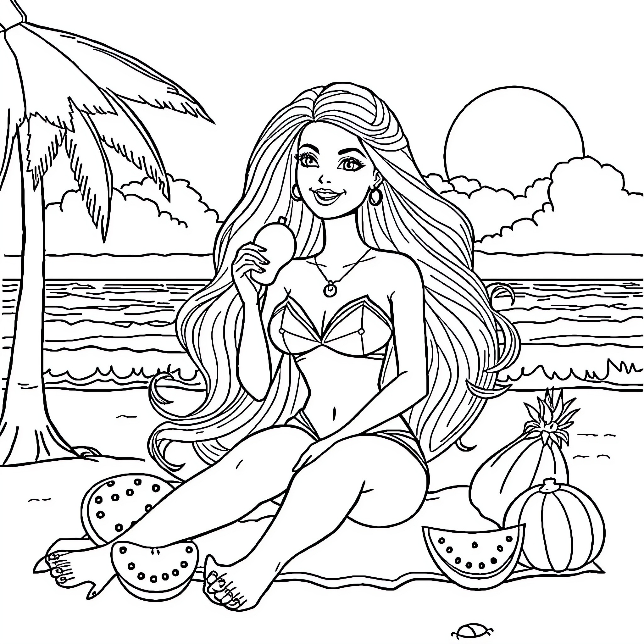 Barbie Relaxing on the Beach Coloring Page (free black-and-white line drawing printable PDF for all, from beginners to advanced learners, including children, teens, adults, and seniors)