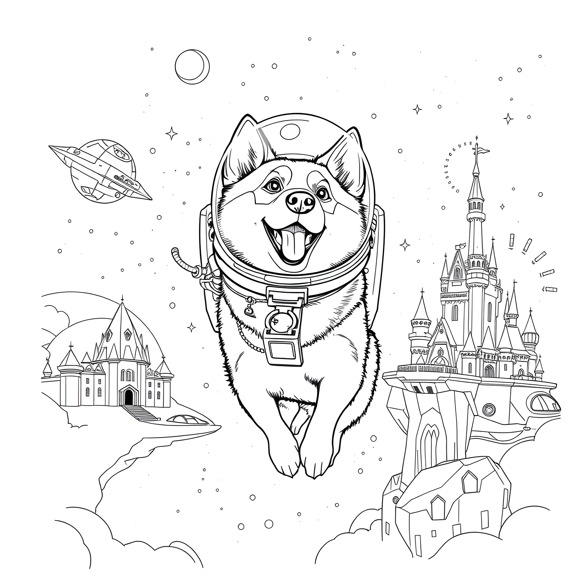 Husky astronaut exploring magical fantasy worlds Coloring Page (free black-and-white line drawing printable PDF for all, from beginners to advanced learners, including children, teens, adults, and seniors)