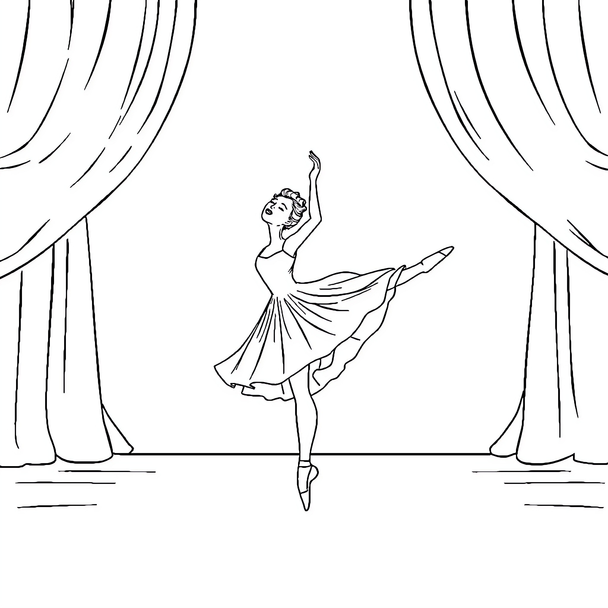 Ballet dancer performing on stage Coloring Page (free black-and-white line drawing printable PDF for all, from beginners to advanced learners, including children, teens, adults, and seniors)