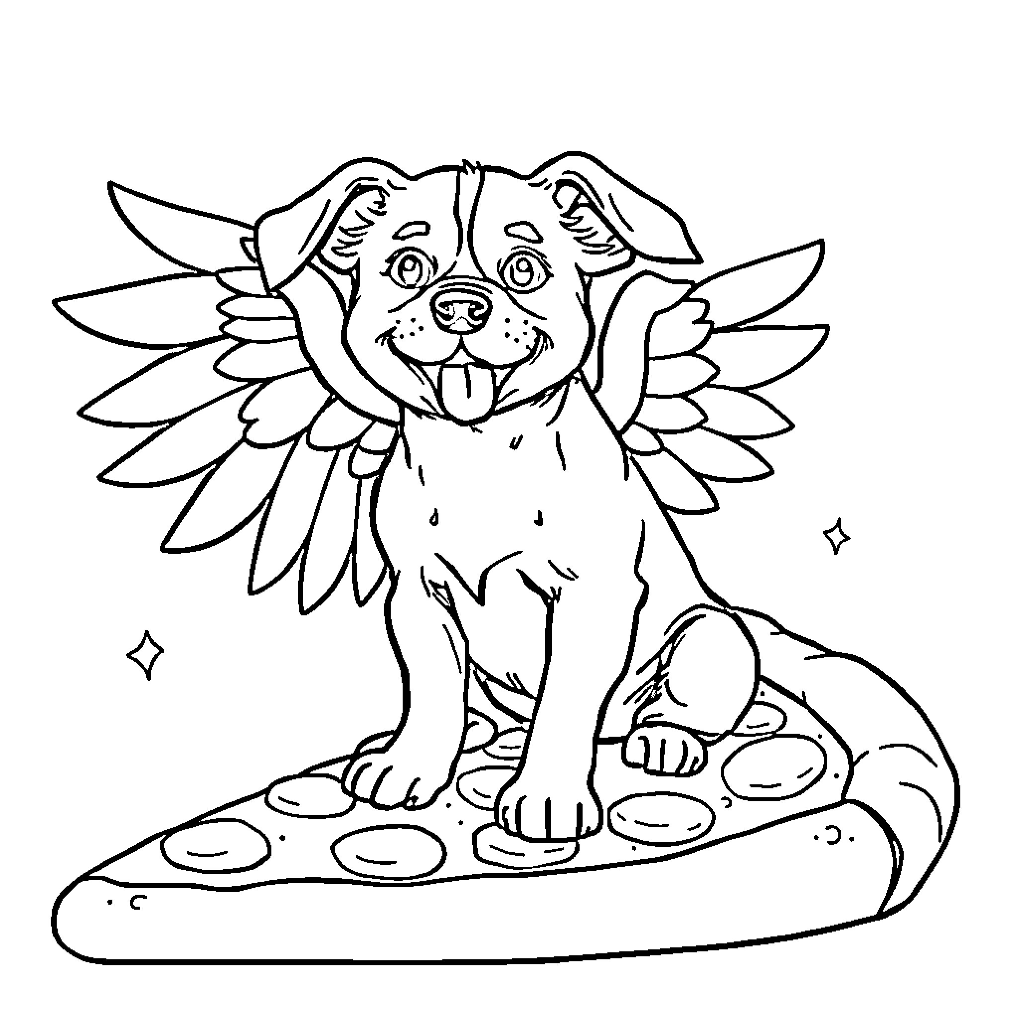 Dog with angel wings on a mushroom Coloring Page (free black-and-white line drawing printable PDF for all, from beginners to advanced learners, including children, teens, adults, and seniors)