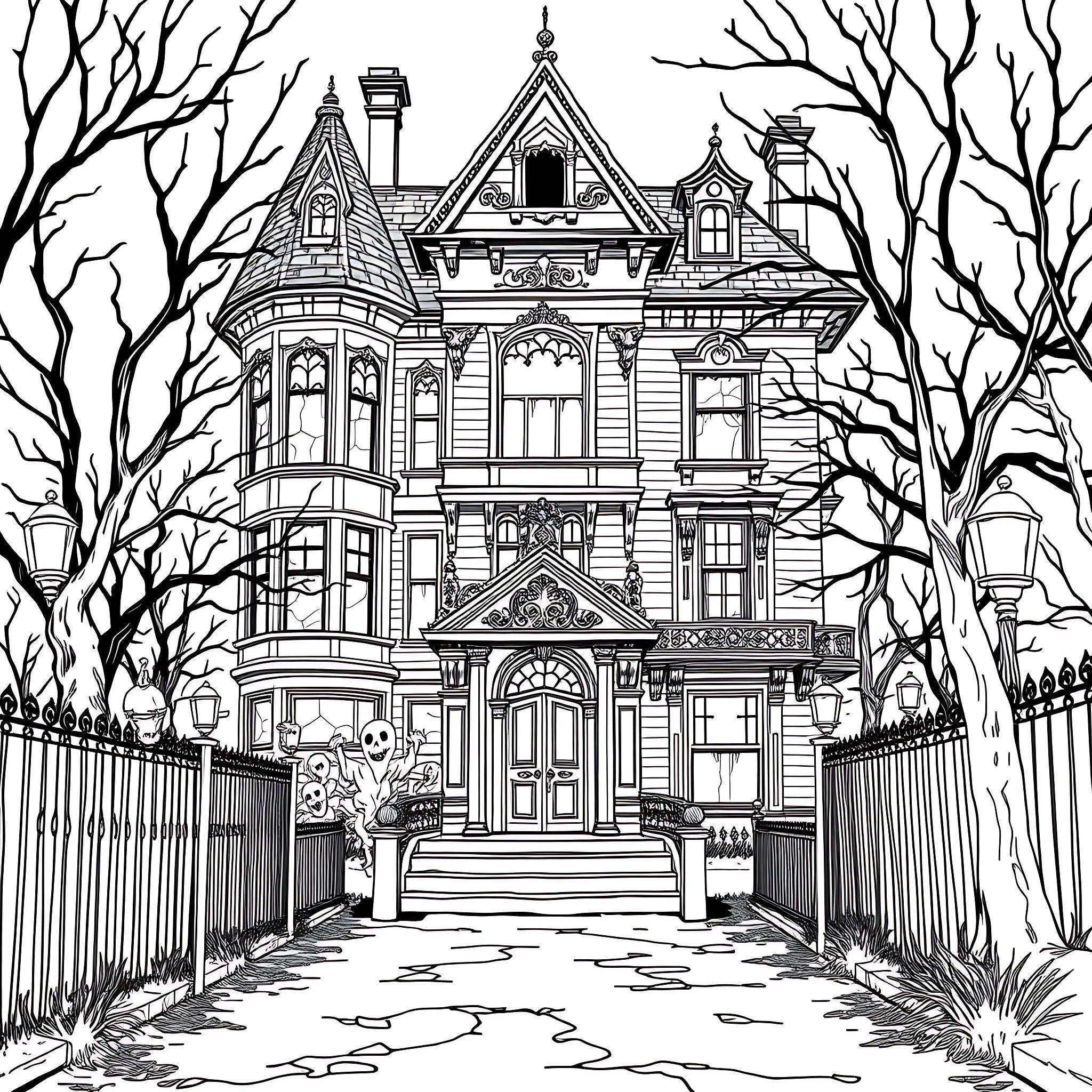 Mansion in a Spooky, Haunted Setting Coloring Page (free black-and-white line drawing printable PDF for all, from beginners to advanced learners, including children, teens, adults, and seniors)