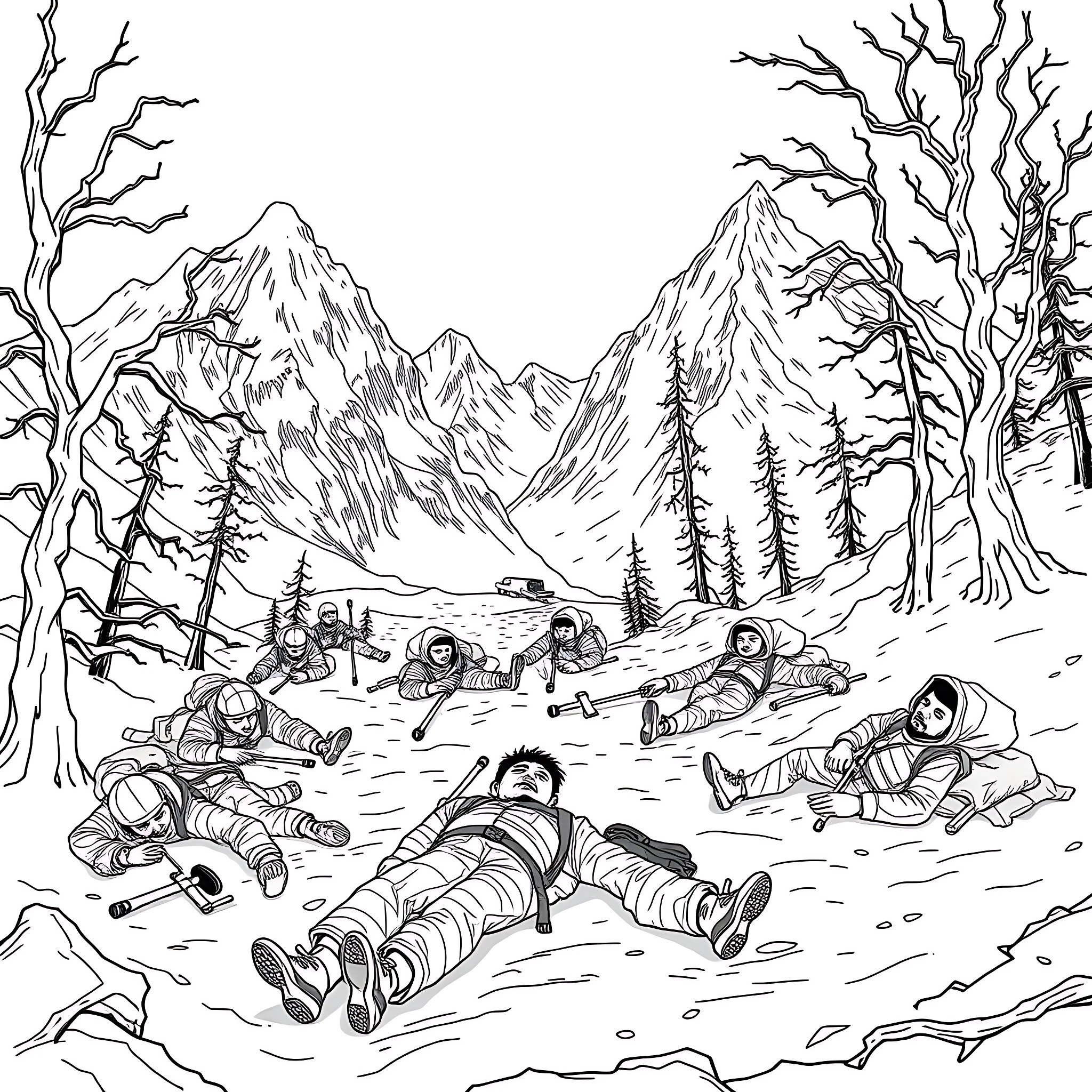 Hiker resting in snow-covered mountain landscape Coloring Page (free black-and-white line drawing printable PDF for all, from beginners to advanced learners, including children, teens, adults, and seniors)
